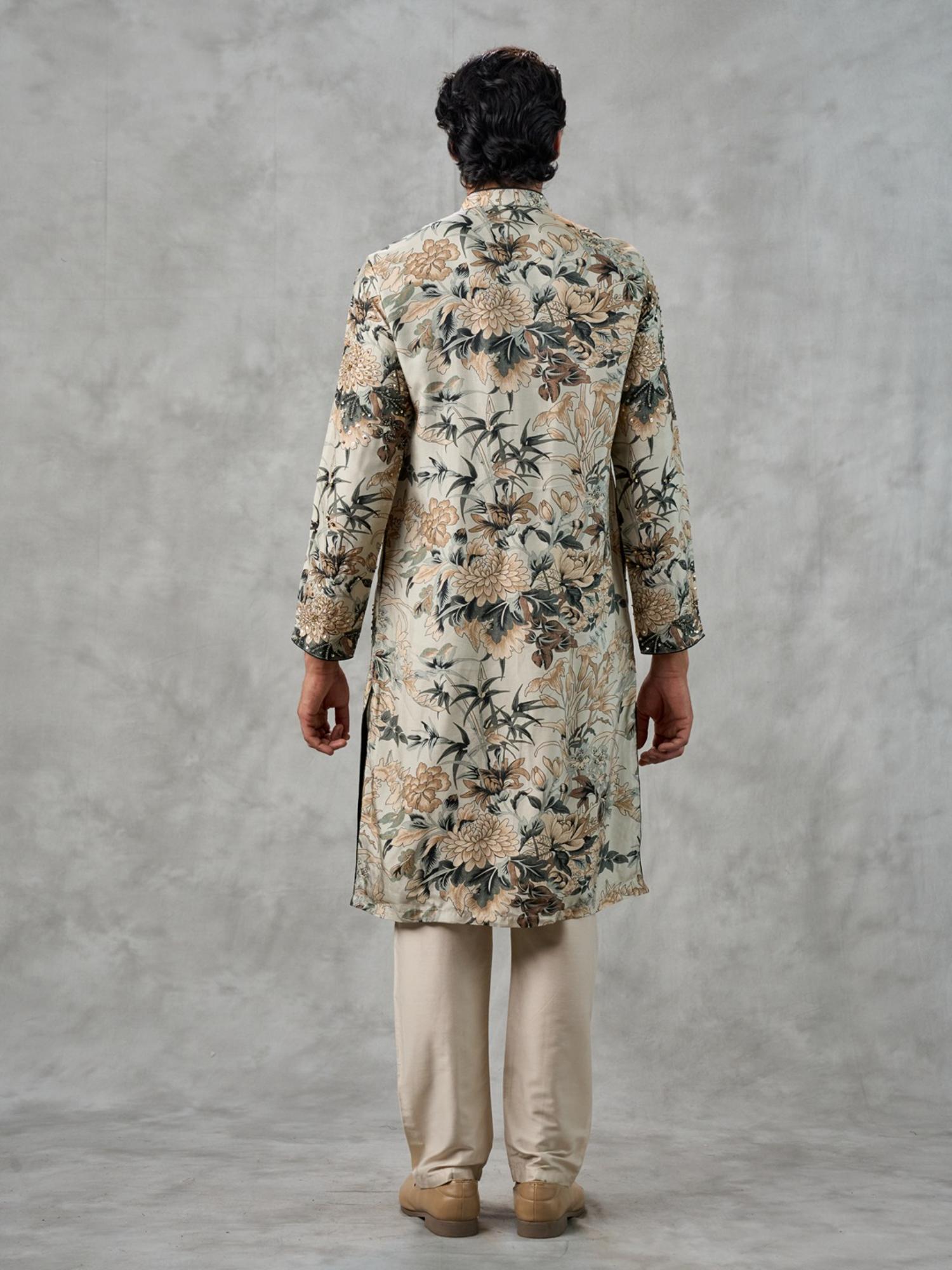 Beige Floral Embellished Kurta with Pant