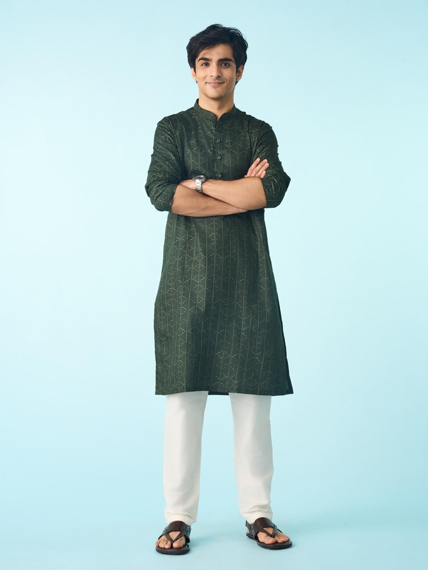 Dark Green Cotton Printed Kurta