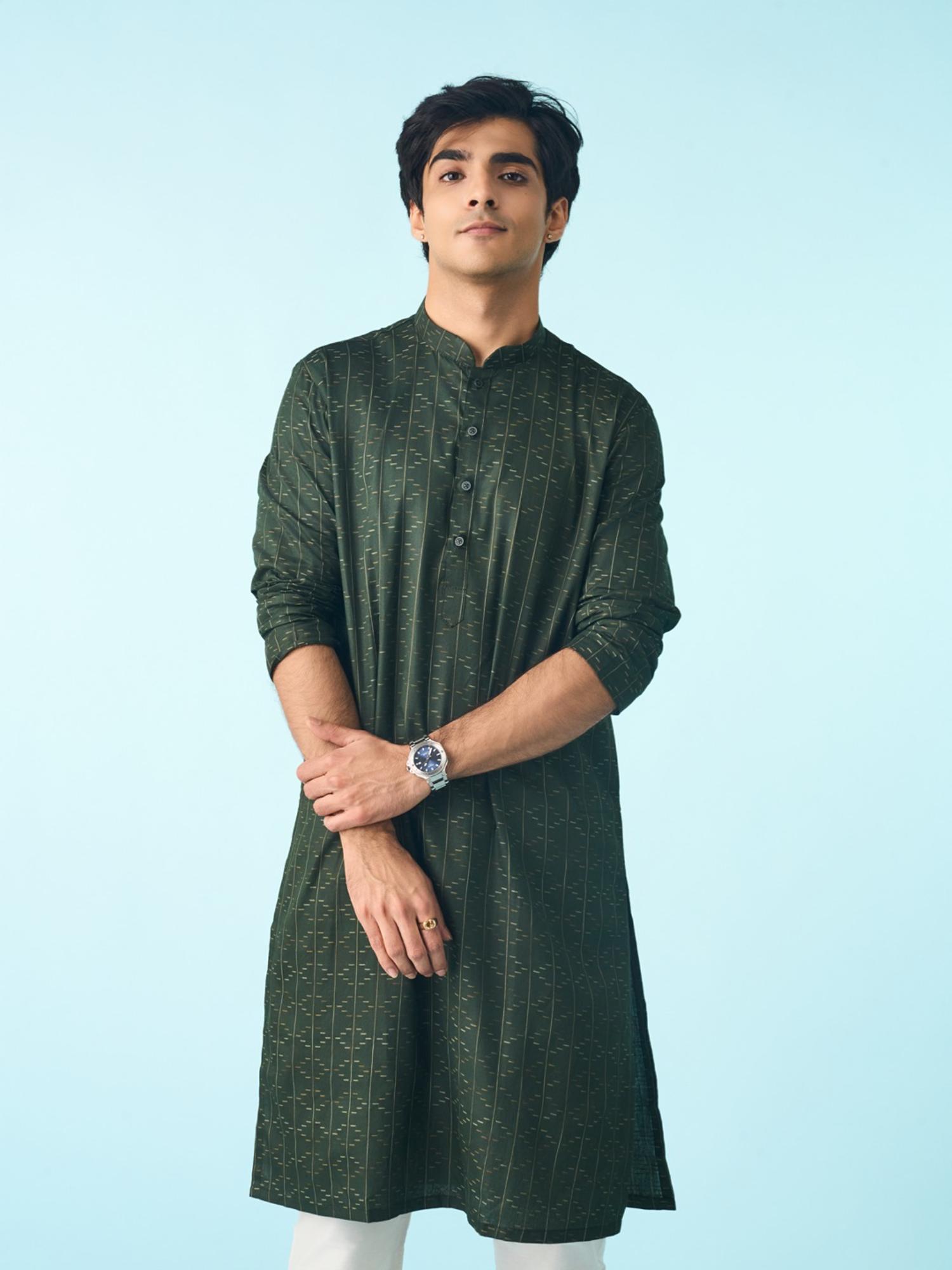 Dark Green Cotton Printed Kurta