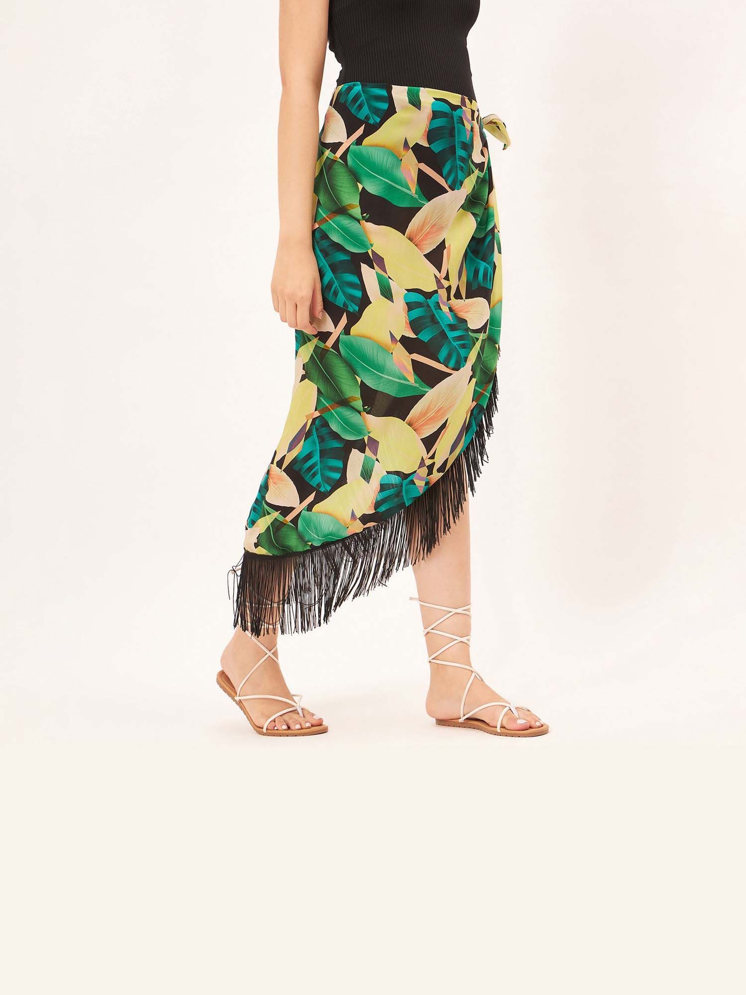 Women Green Floral Print Midi Skirt