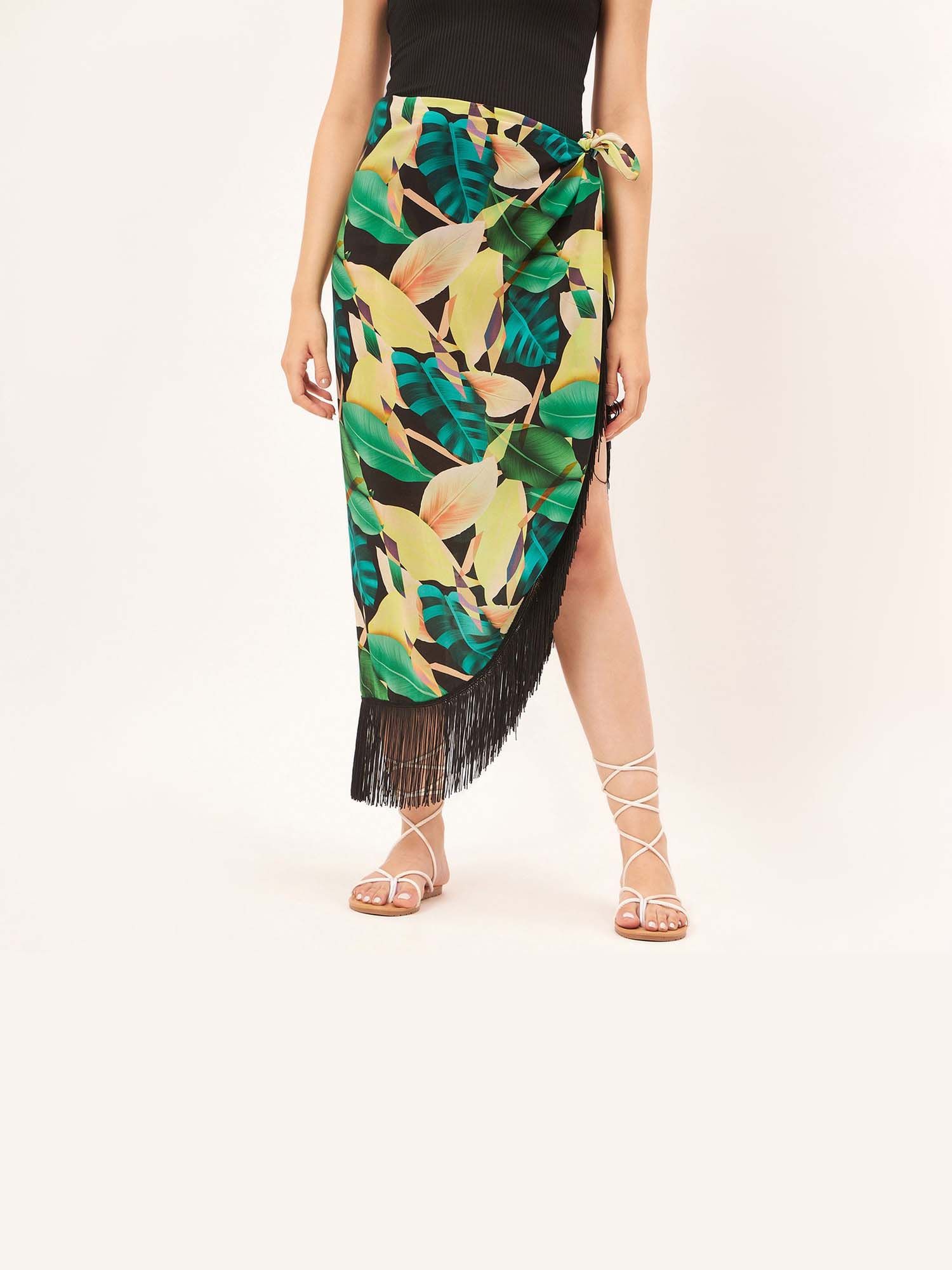Women Green Floral Print Midi Skirt