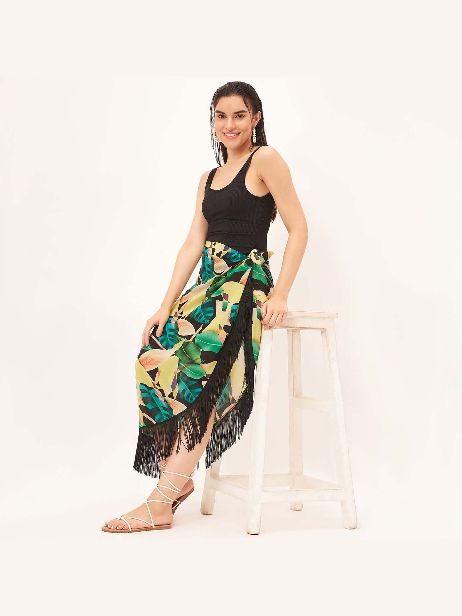 Women Green Floral Print Midi Skirt