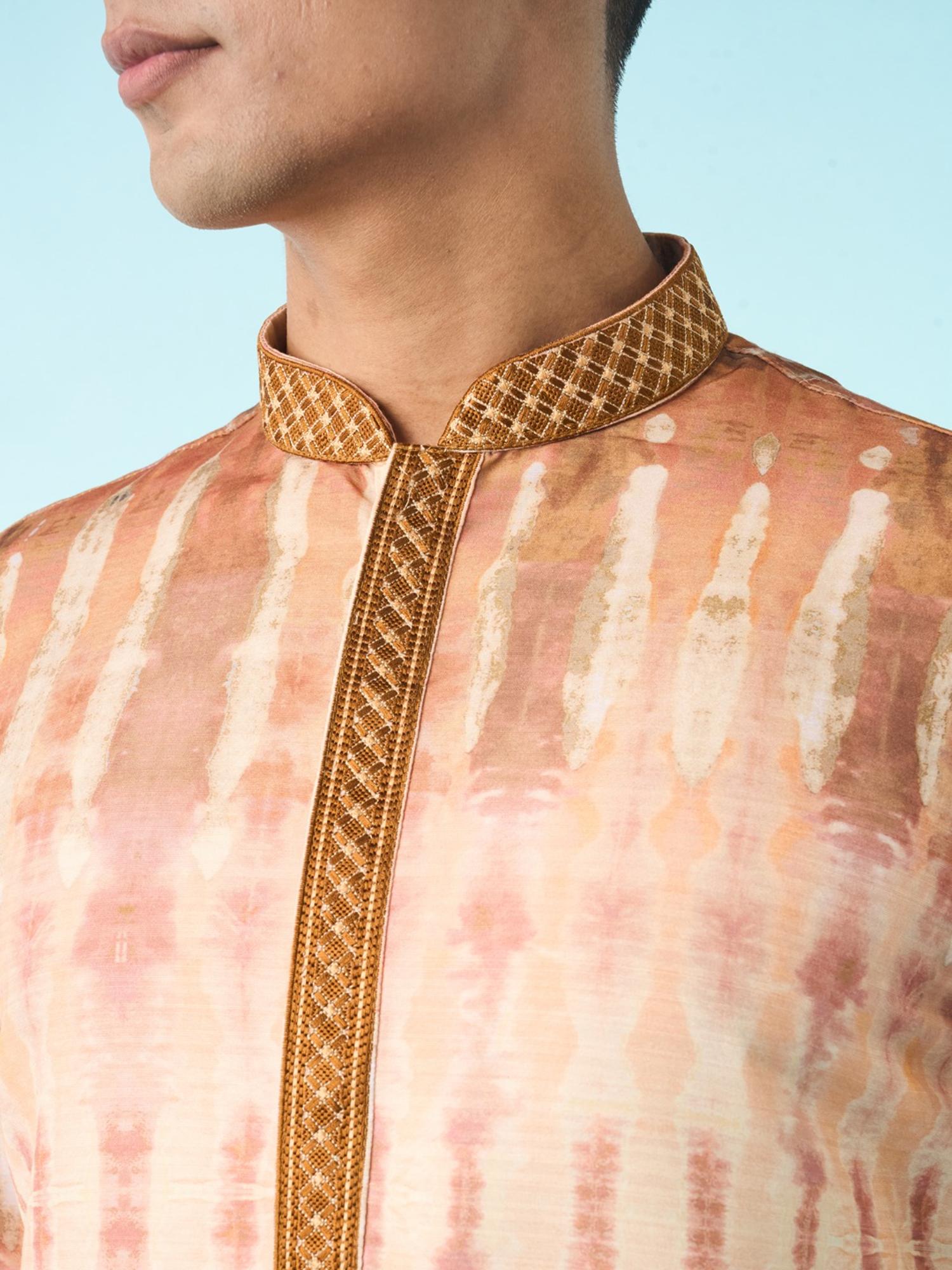 Peach Printed Art Silk Kurta