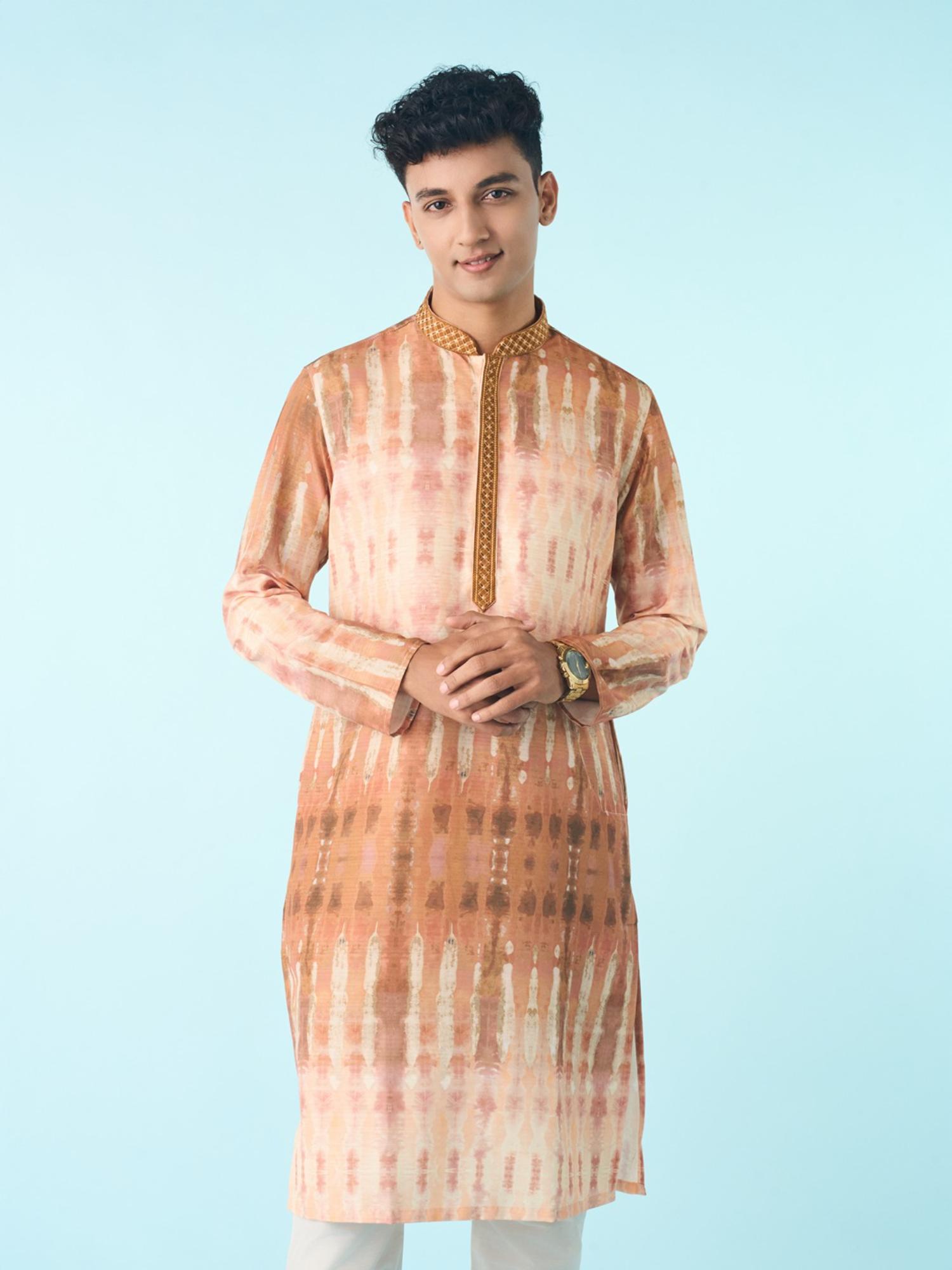 Peach Printed Art Silk Kurta