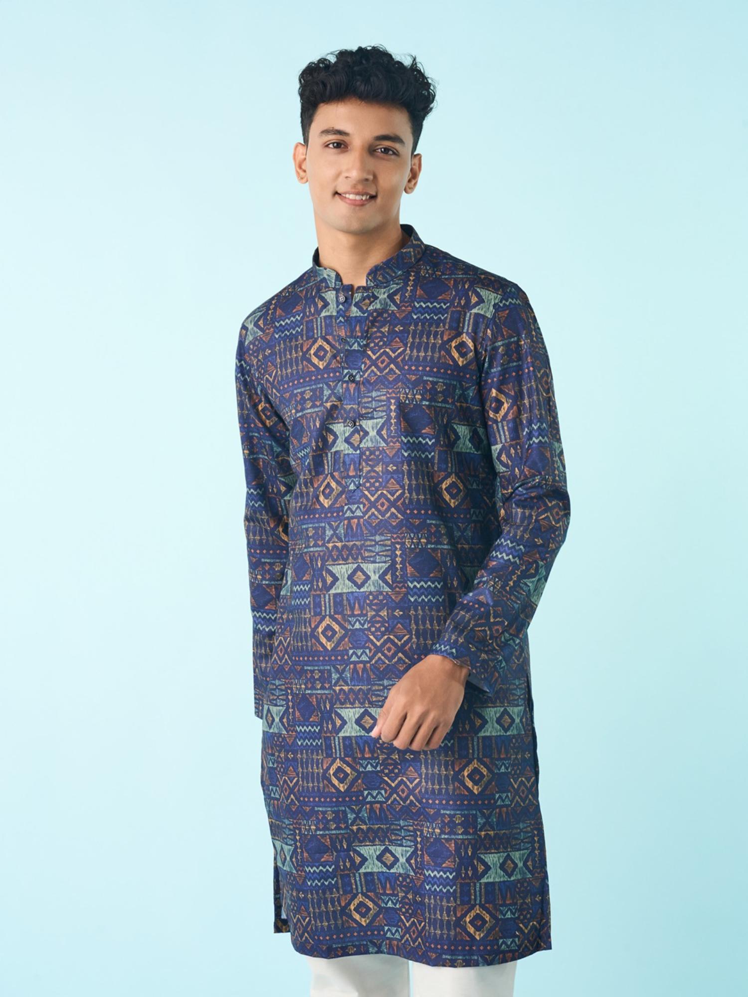 Navy Blue Printed Regal Kurta