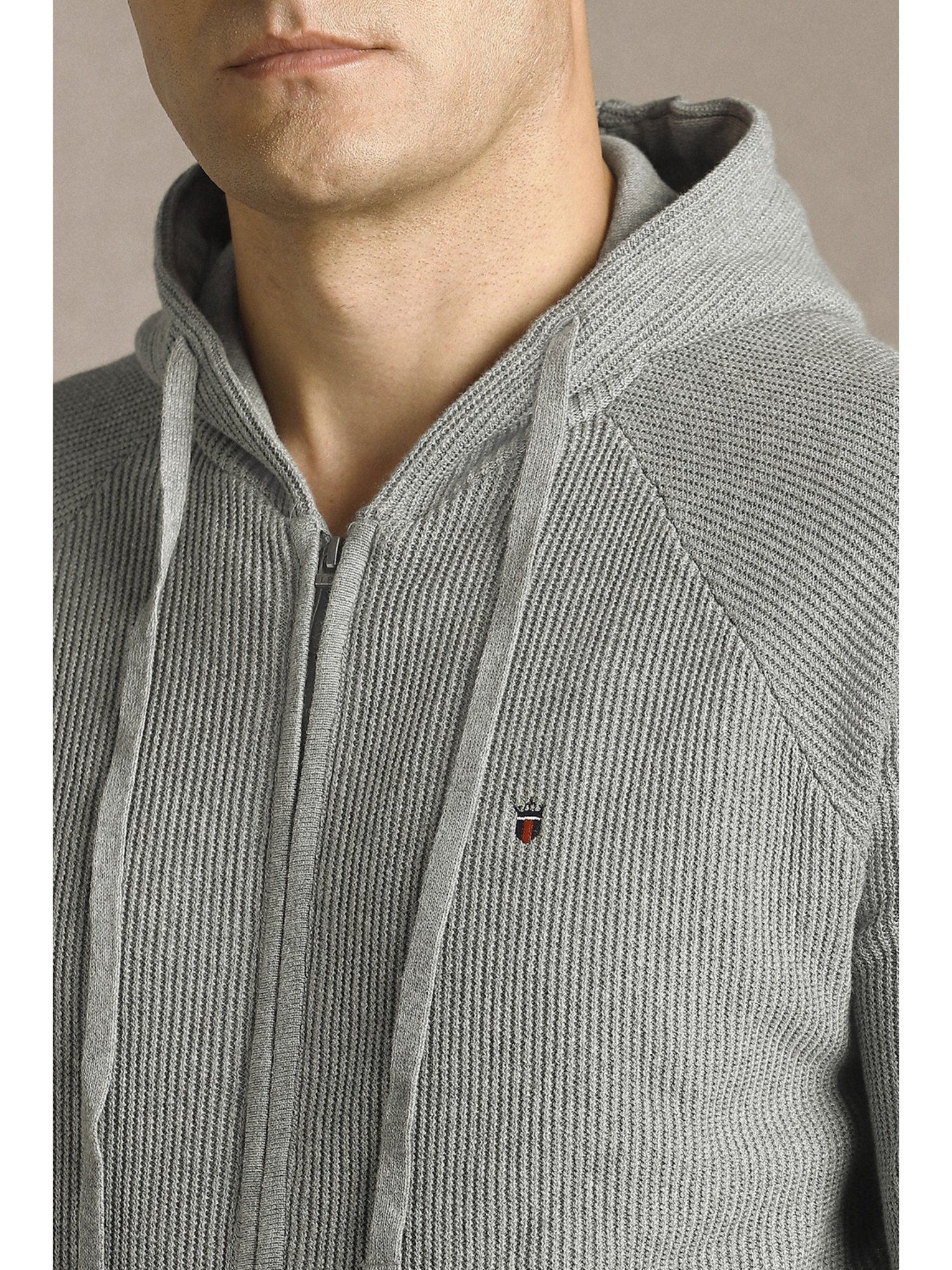 Grey Textured Hooded Neck Full Sleeves Sweater