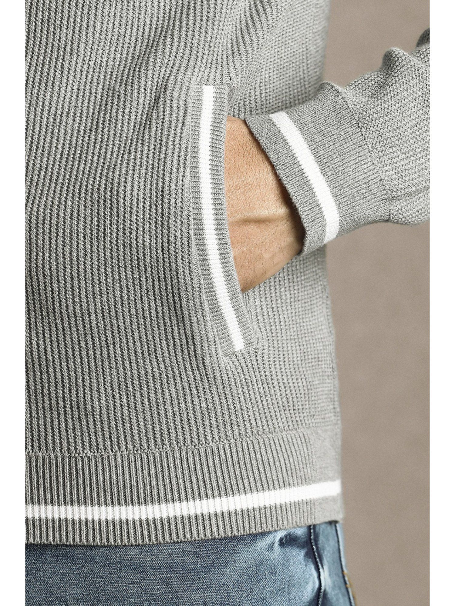Grey Textured Hooded Neck Full Sleeves Sweater