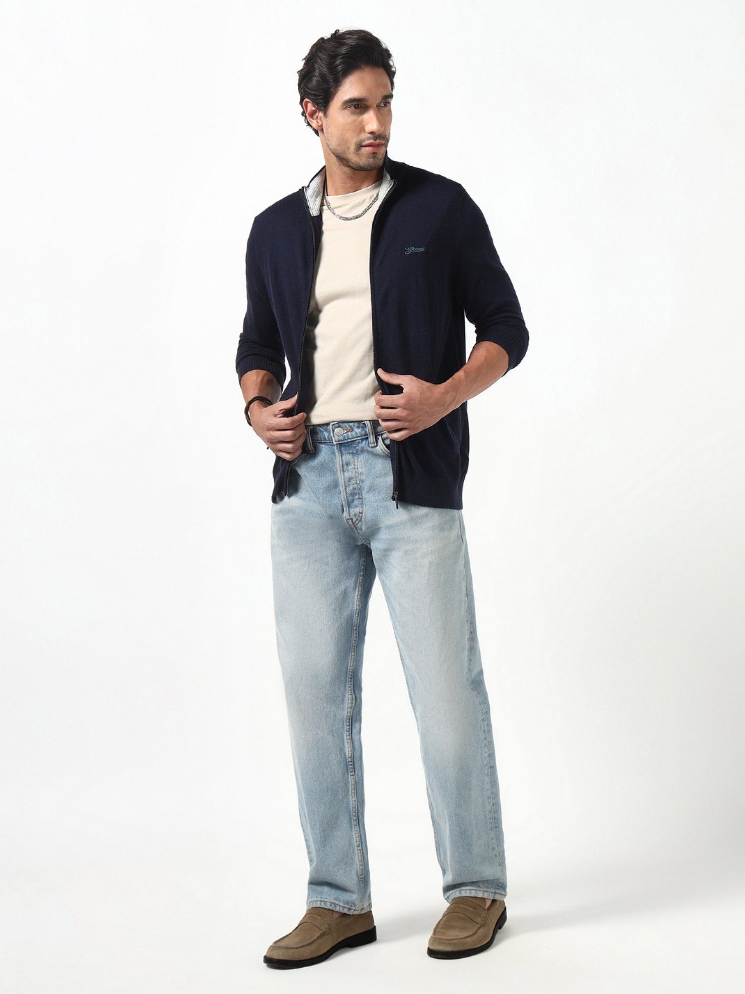 Brennan Smart Blue Solid High Neck Full Sleeves Knit Sweaters