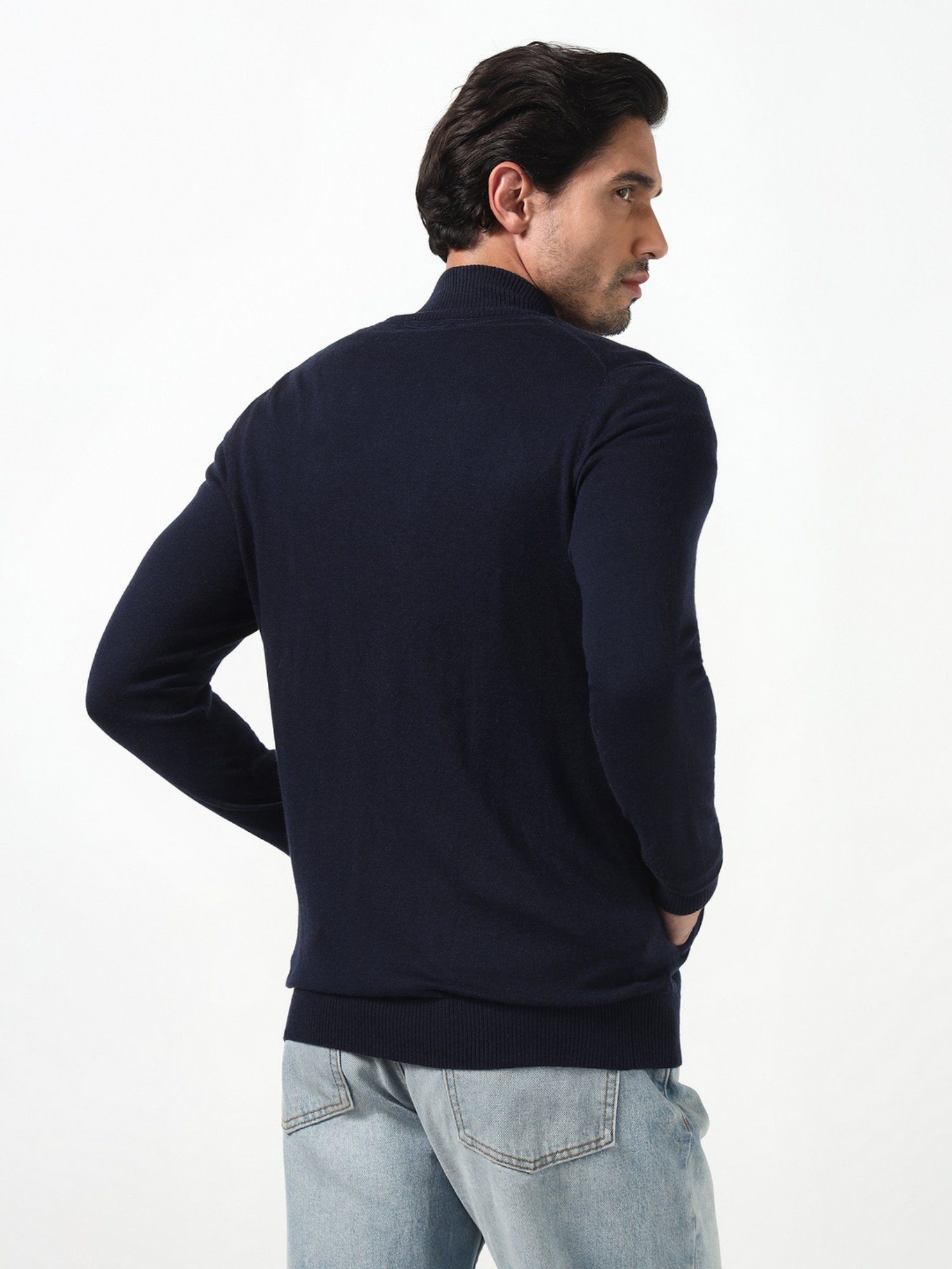 Brennan Smart Blue Solid High Neck Full Sleeves Knit Sweaters