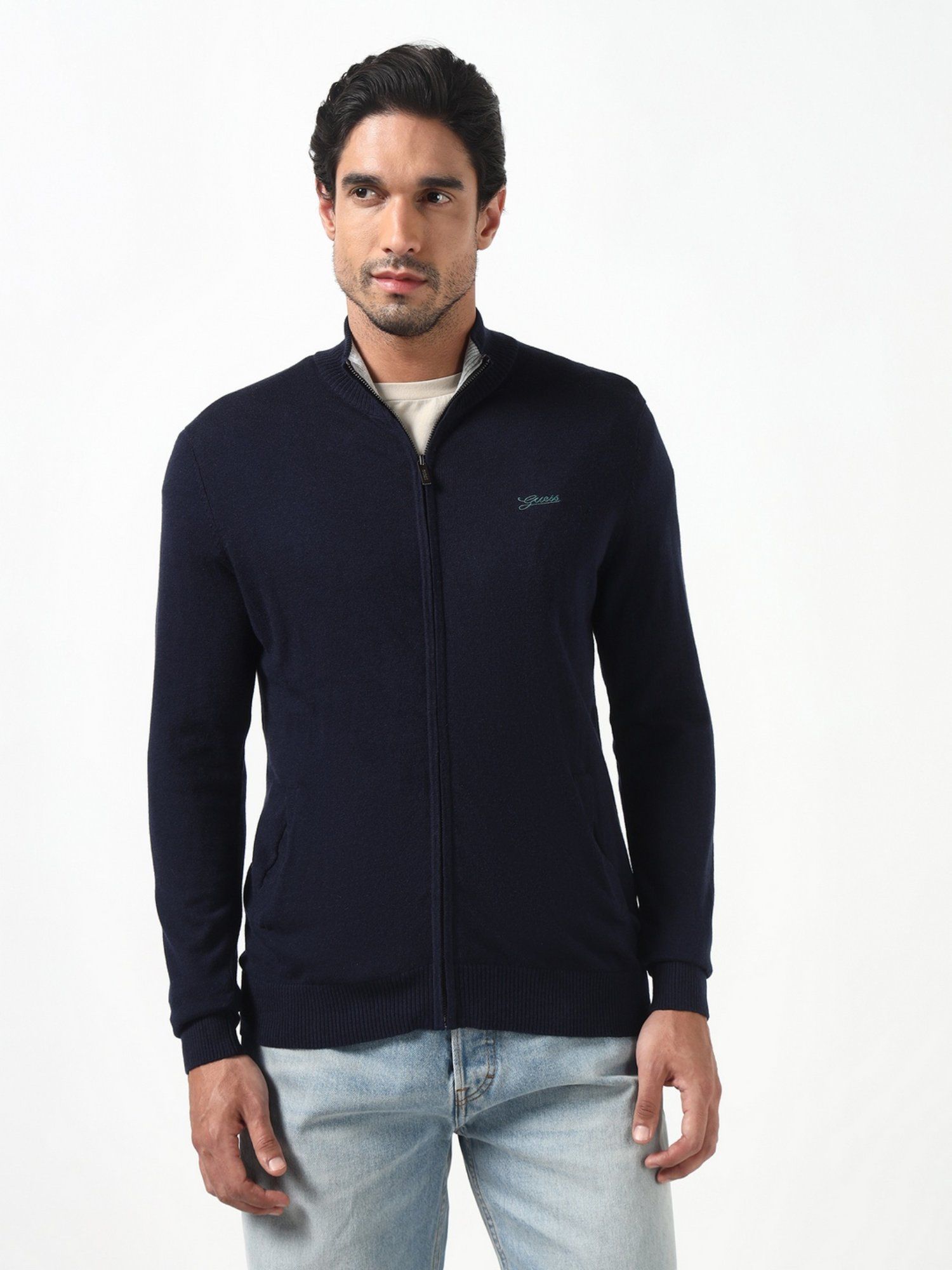 Brennan Smart Blue Solid High Neck Full Sleeves Knit Sweaters