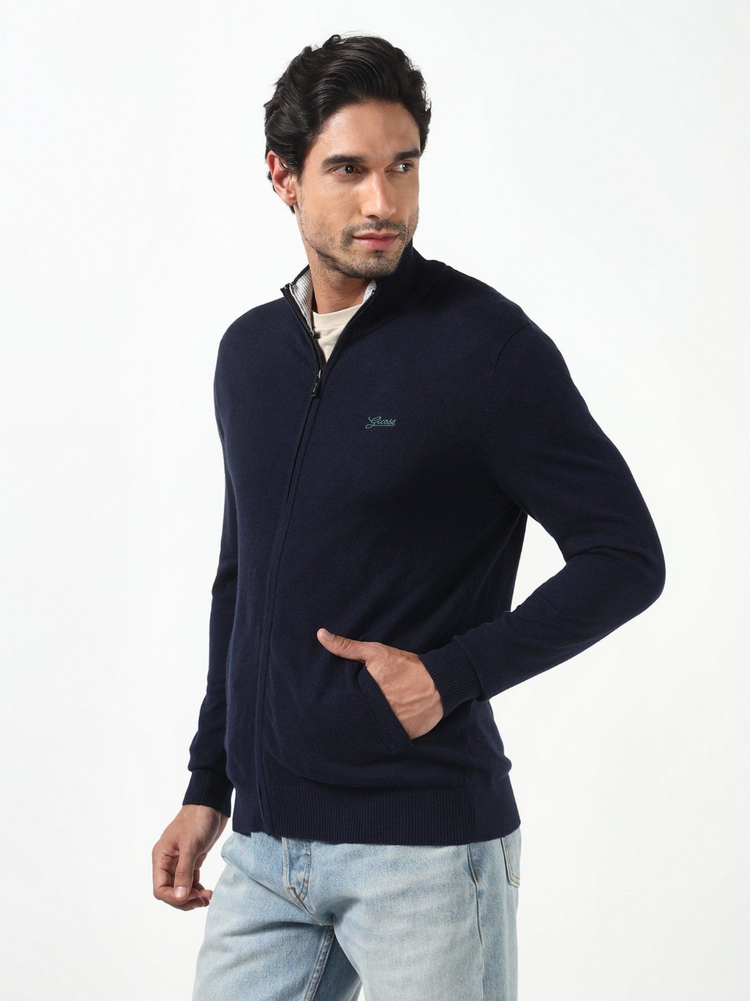 Brennan Smart Blue Solid High Neck Full Sleeves Knit Sweaters