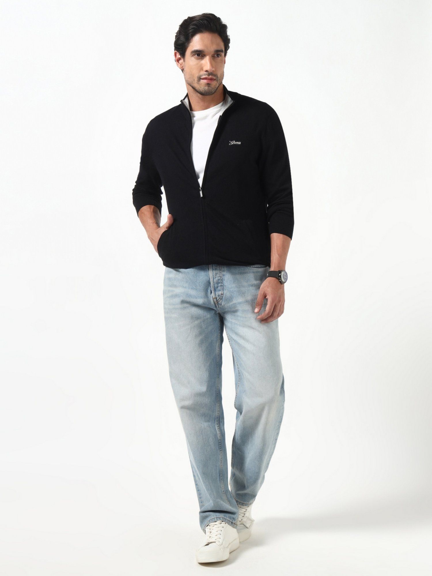Brennan Jet Black Solid High Neck Full Sleeves Knit Sweaters