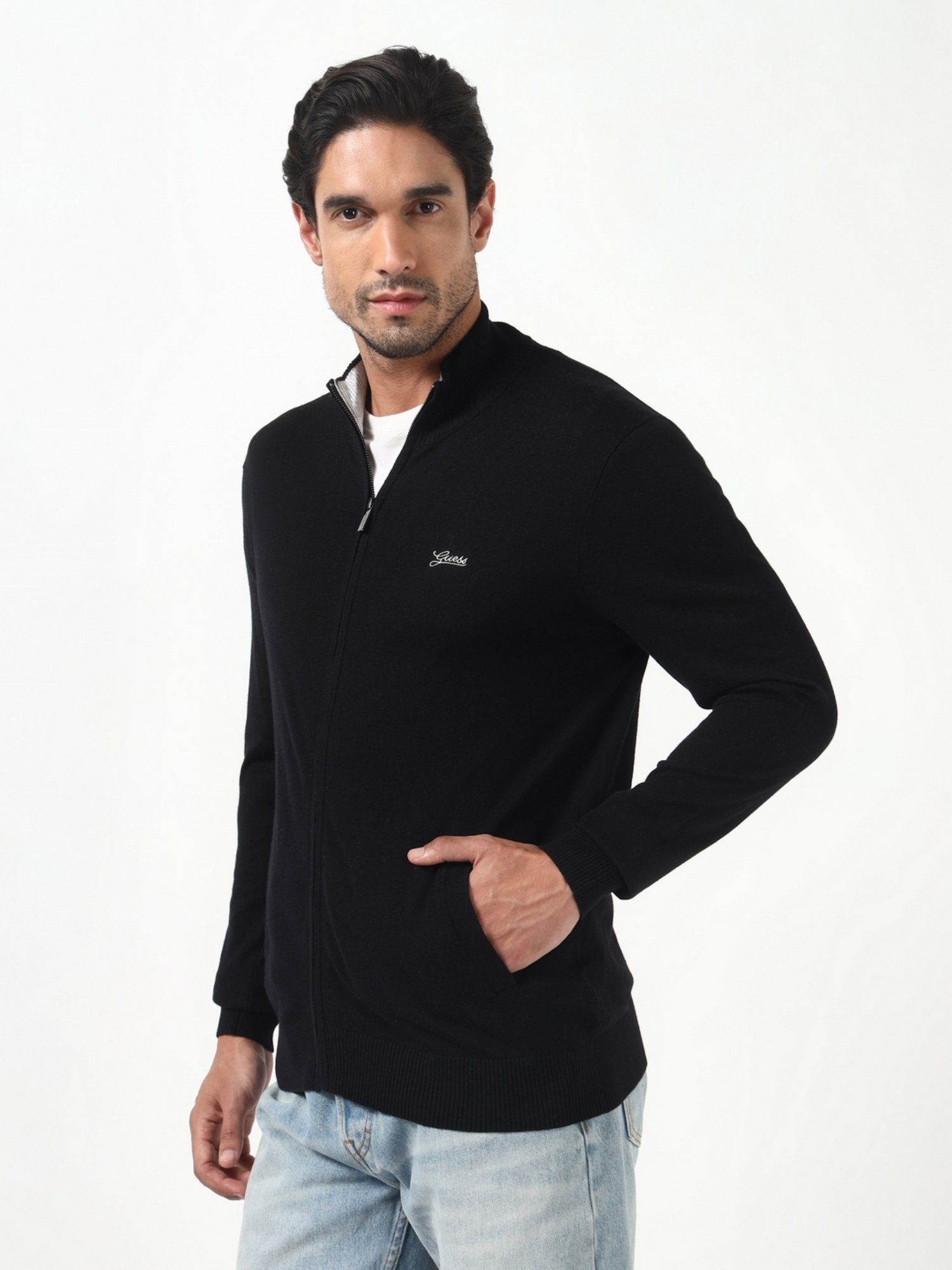Brennan Jet Black Solid High Neck Full Sleeves Knit Sweaters