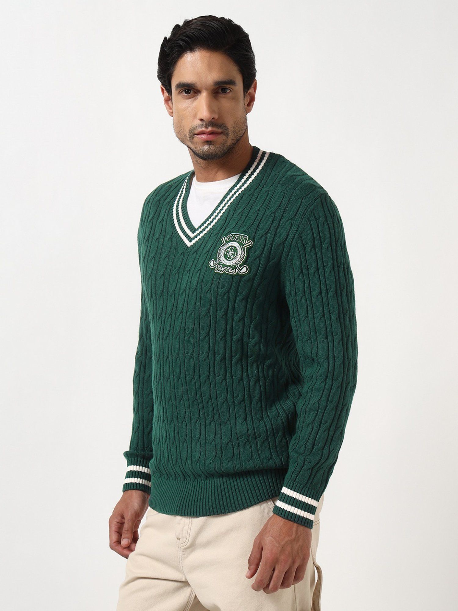 Yasmin Alpine Grove Cable V Neck Full Sleeves Knit Sweaters
