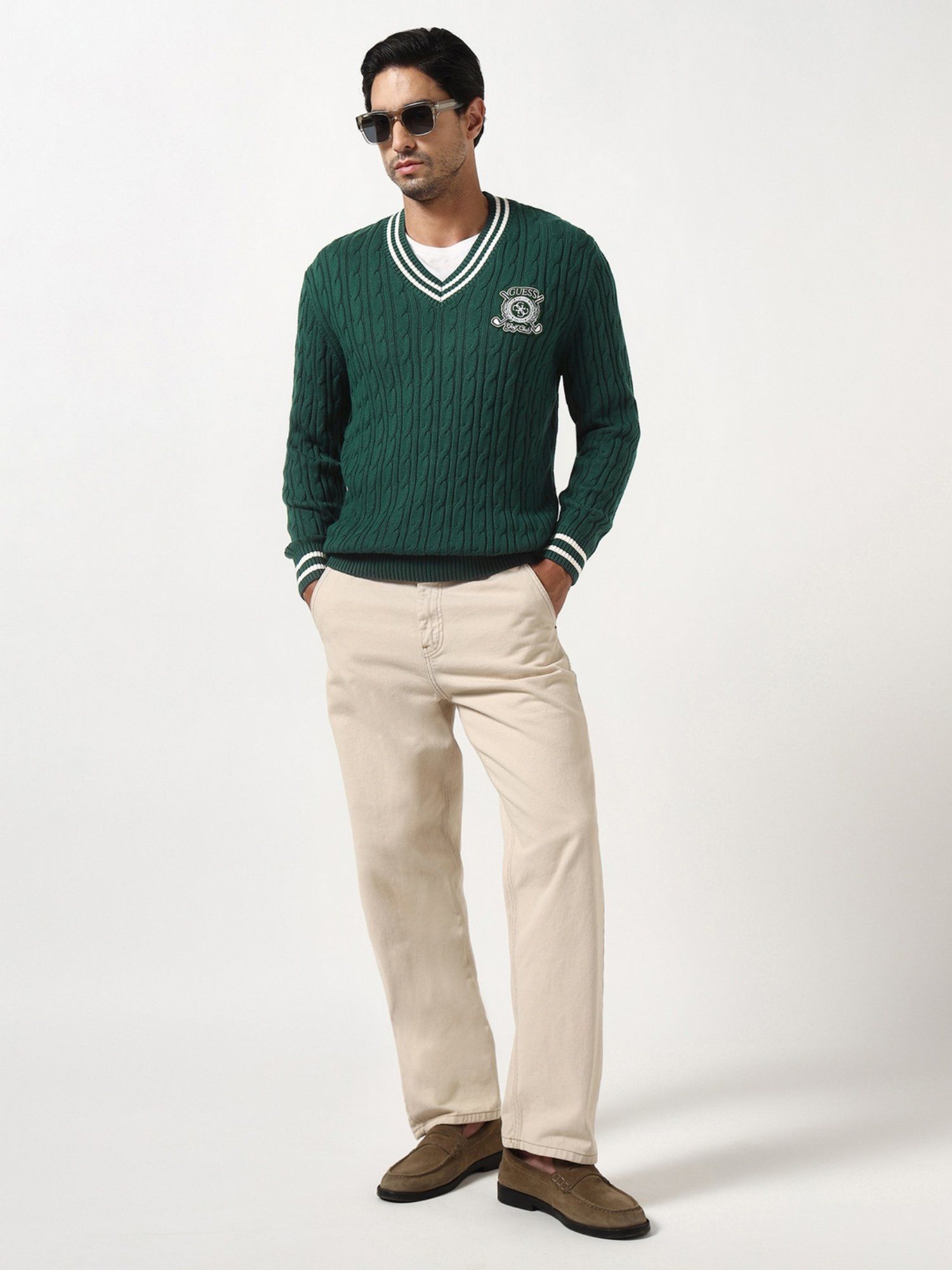 Yasmin Alpine Grove Cable V Neck Full Sleeves Knit Sweaters