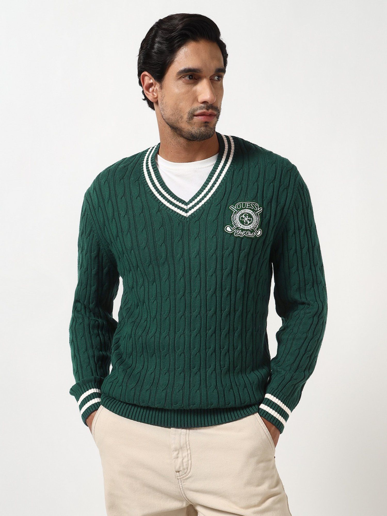 Yasmin Alpine Grove Cable V Neck Full Sleeves Knit Sweaters