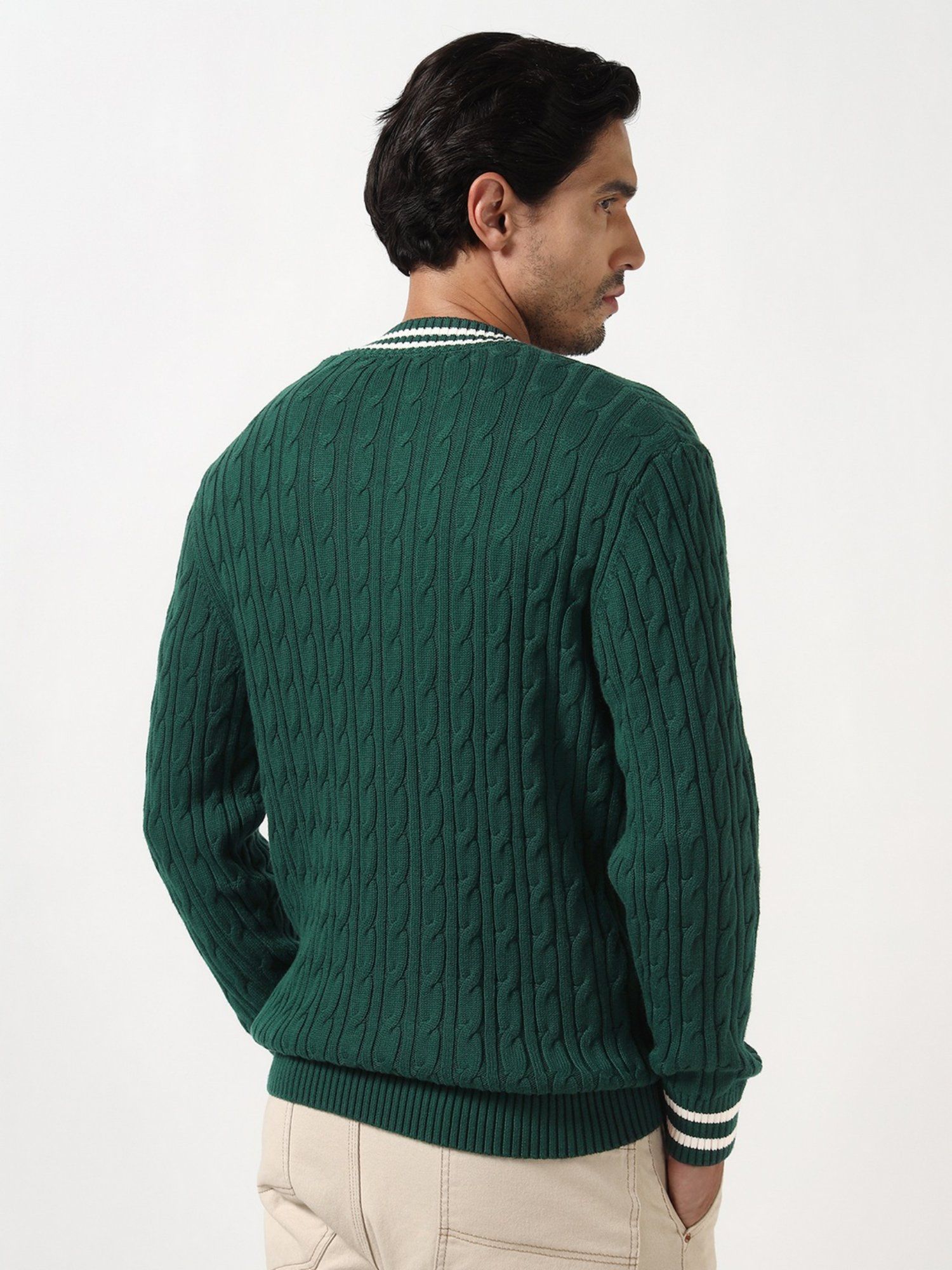Yasmin Alpine Grove Cable V Neck Full Sleeves Knit Sweaters
