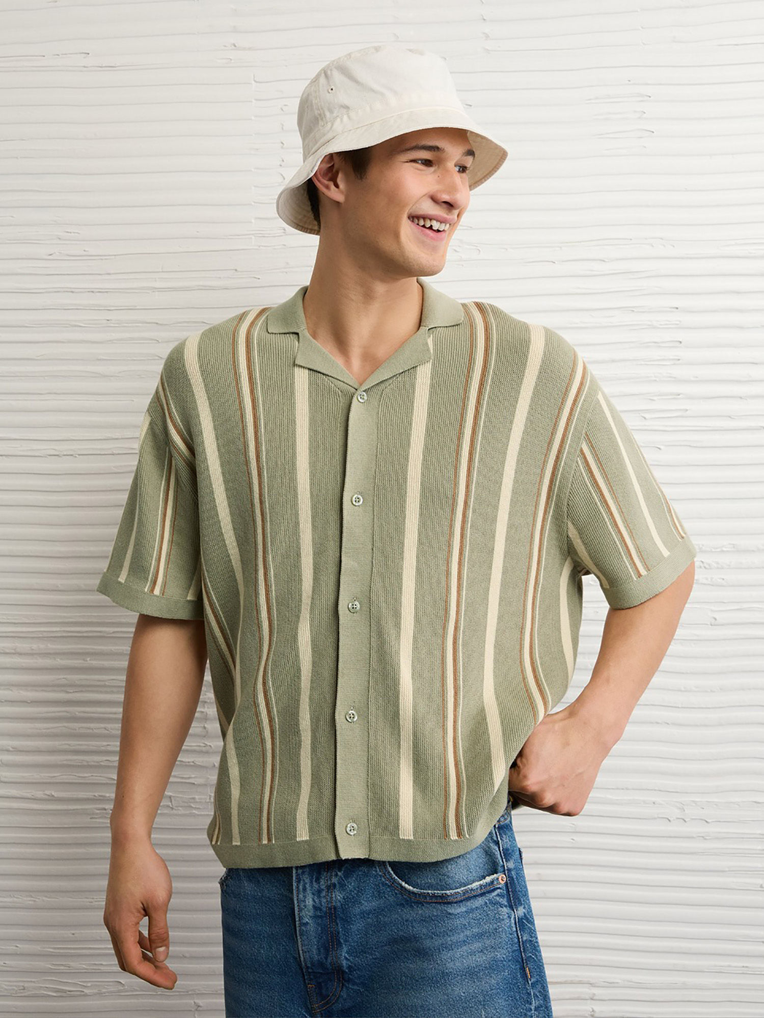 Green Striped Button Up Sweater