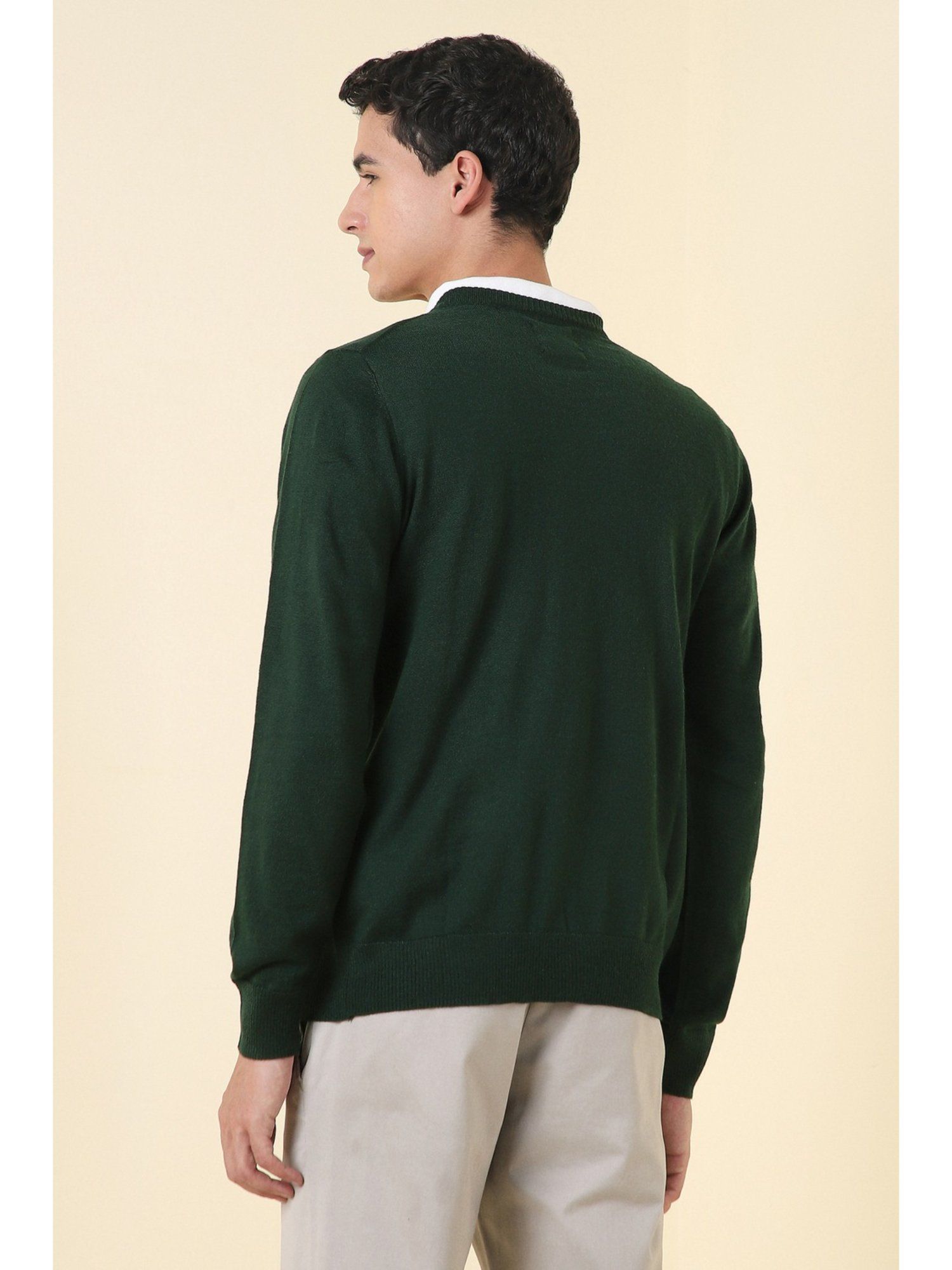 Green Solid V Neck Full Sleeves Sweater