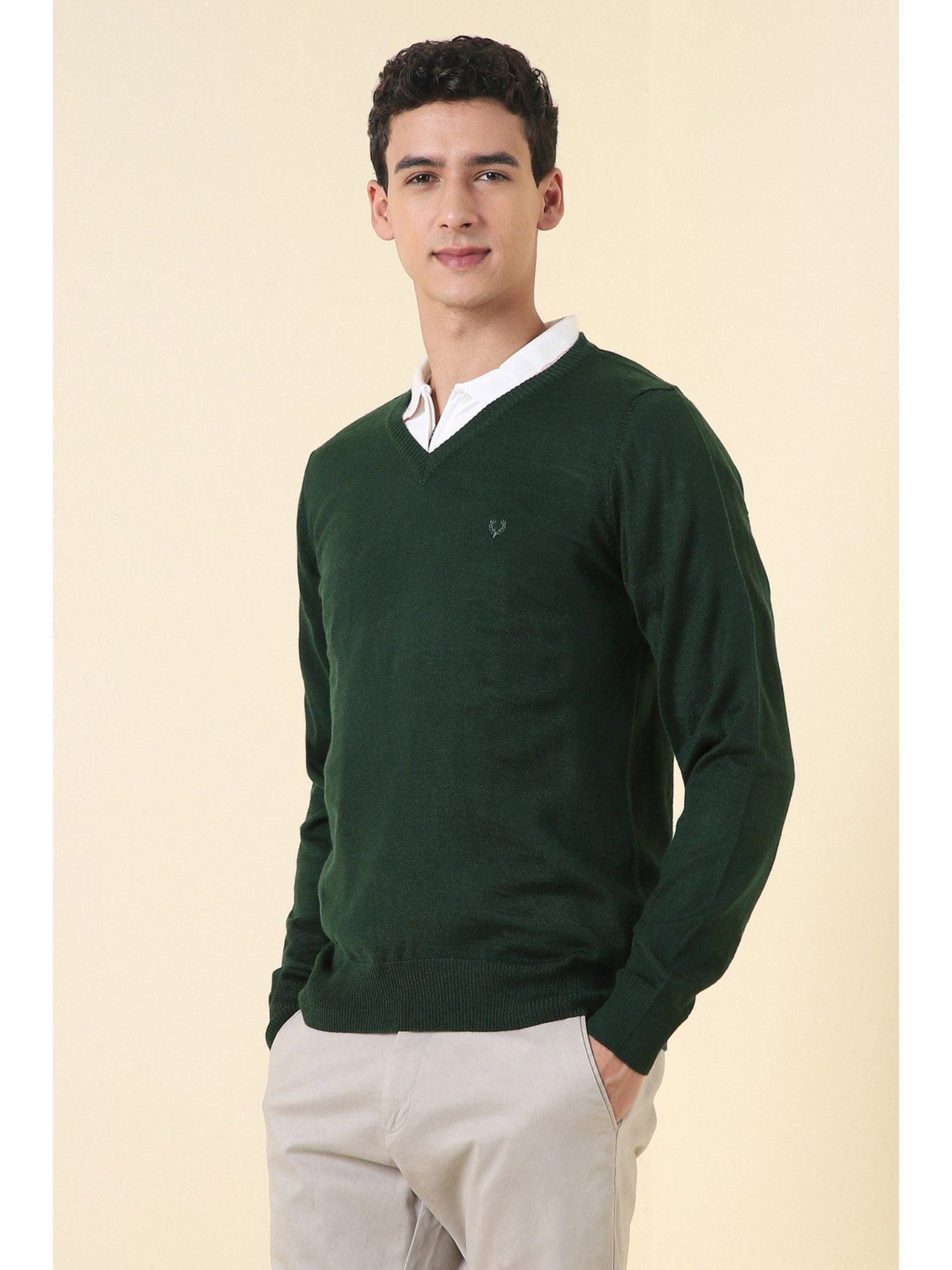 Green Solid V Neck Full Sleeves Sweater