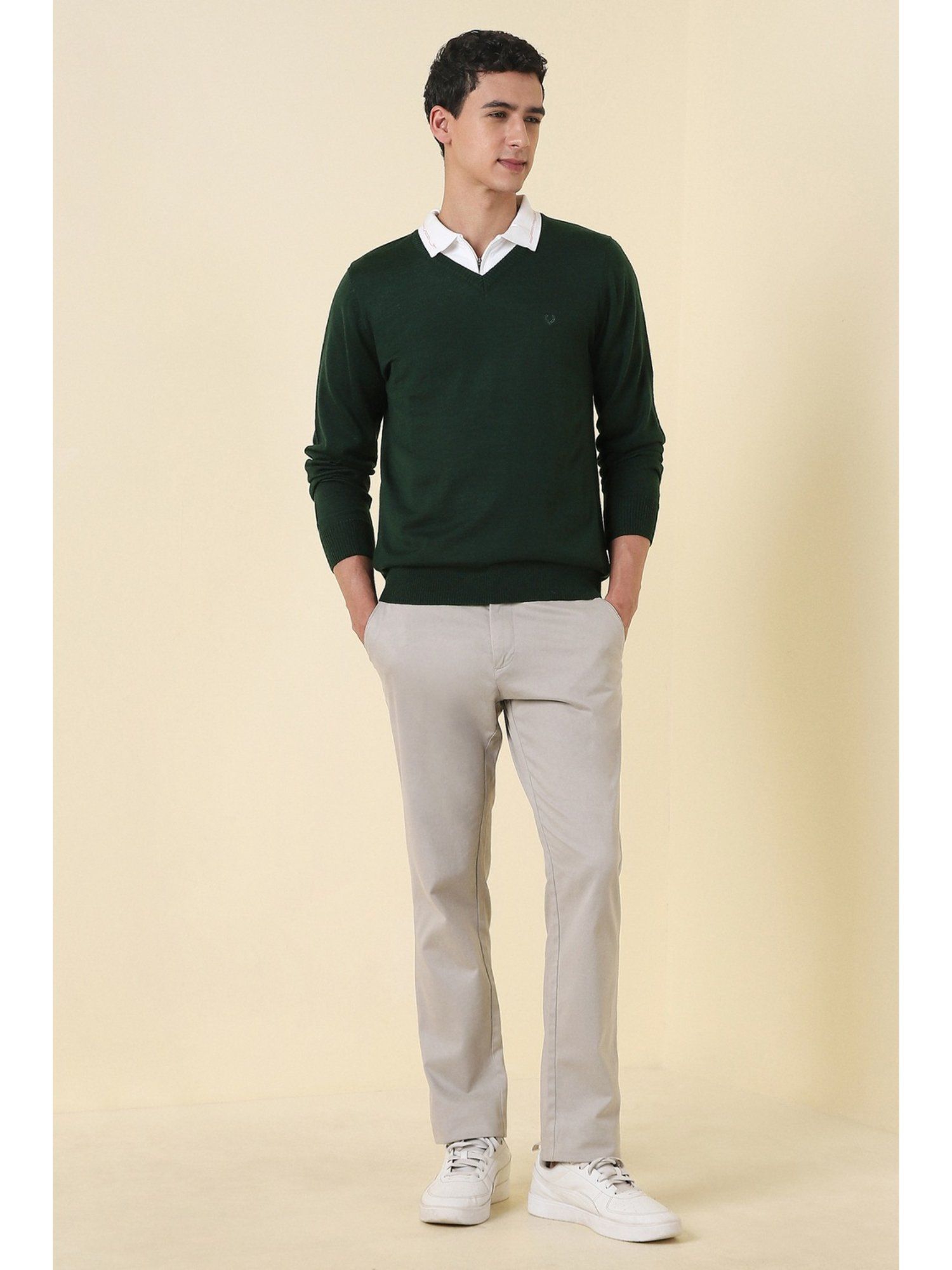 Green Solid V Neck Full Sleeves Sweater
