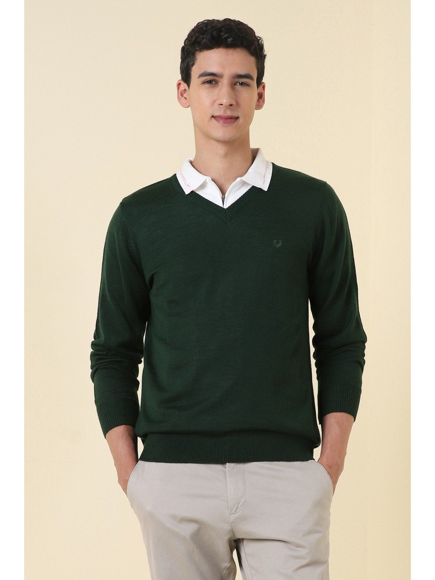 Green Solid V Neck Full Sleeves Sweater