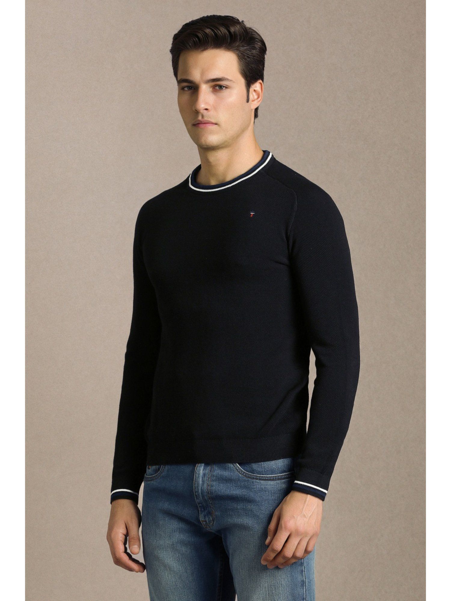 Black Solid Crew Neck Full Sleeves Sweater