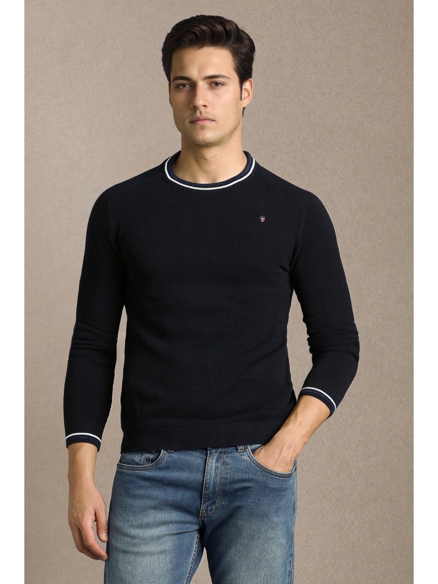 Black Solid Crew Neck Full Sleeves Sweater