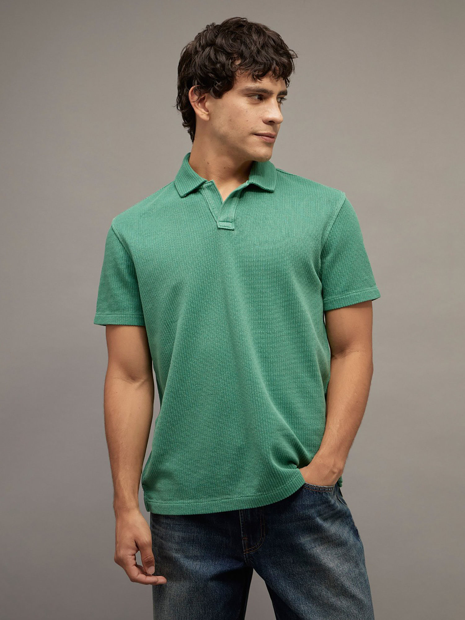 Green Standard Fit Johnny Collar Knit Polo T-Shirt
