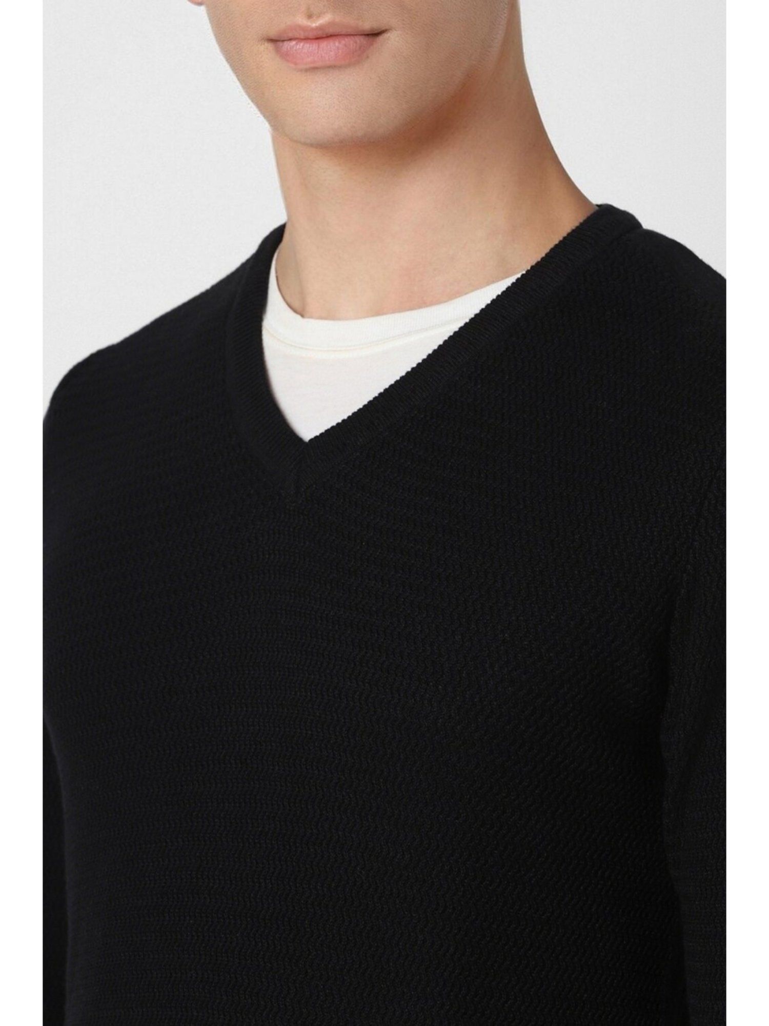 Black Patterned V Neck Sweater