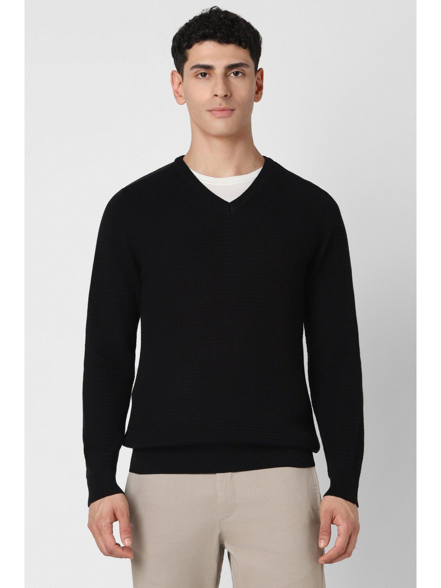 Black Patterned V Neck Sweater