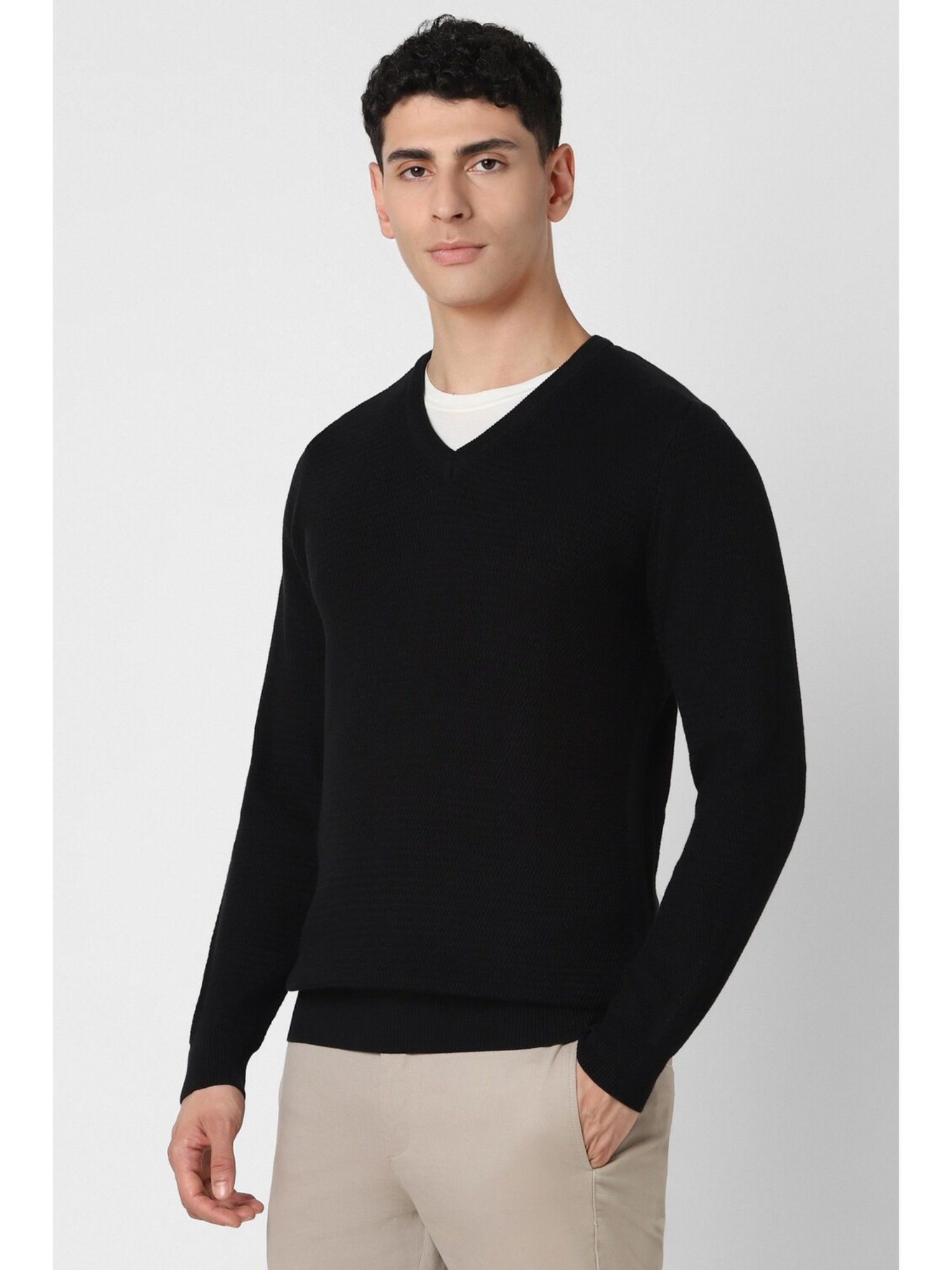 Black Patterned V Neck Sweater
