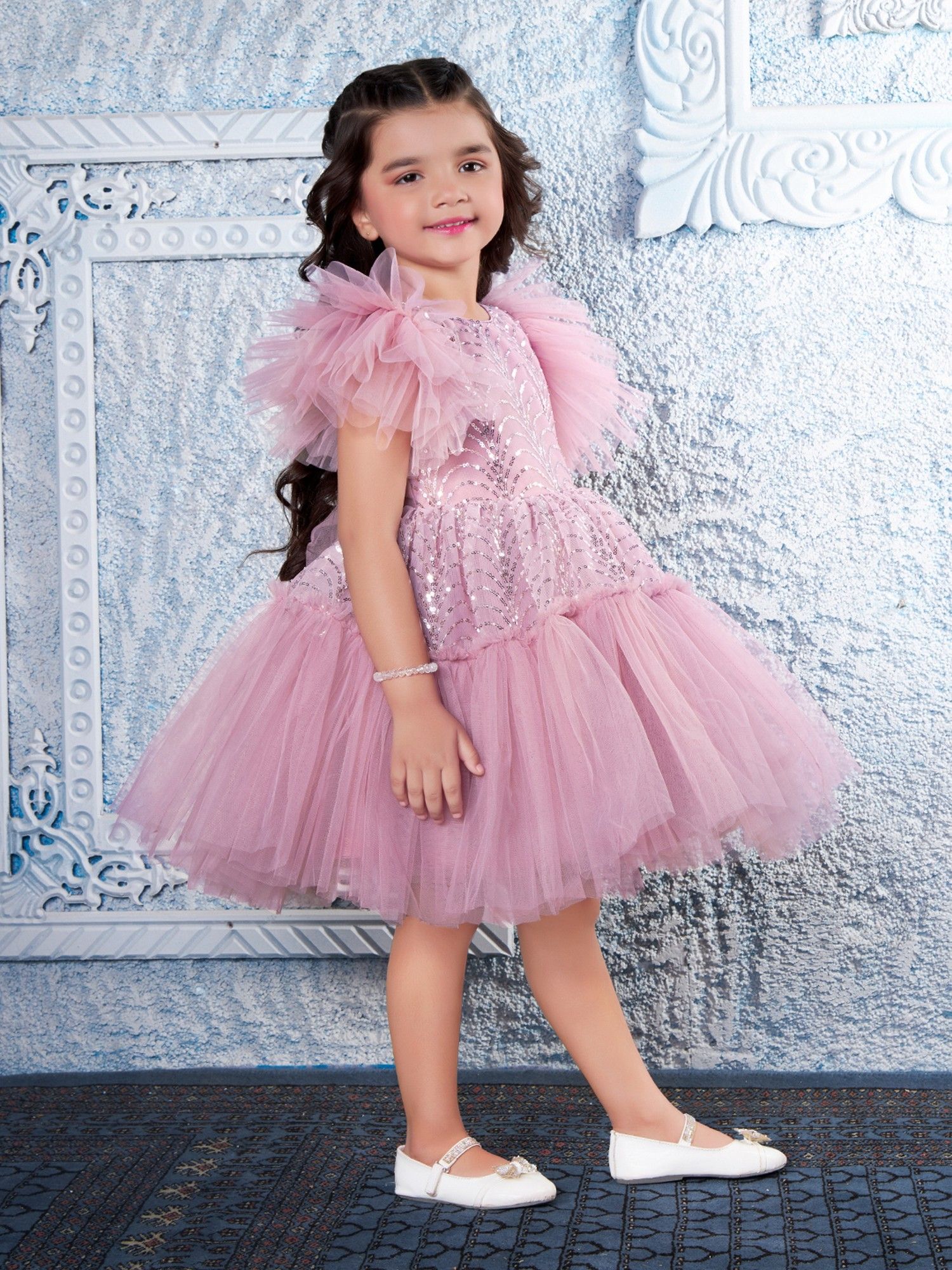 Onionpink Net Woven Butterfly Sleeves Embellished Dress