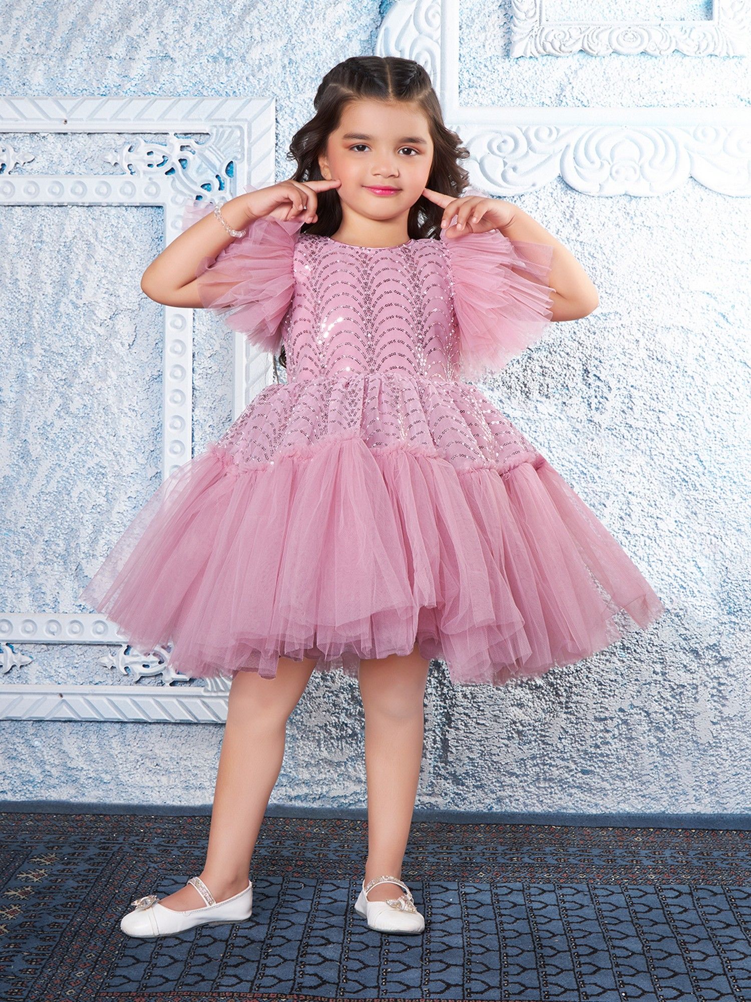 Onionpink Net Woven Butterfly Sleeves Embellished Dress
