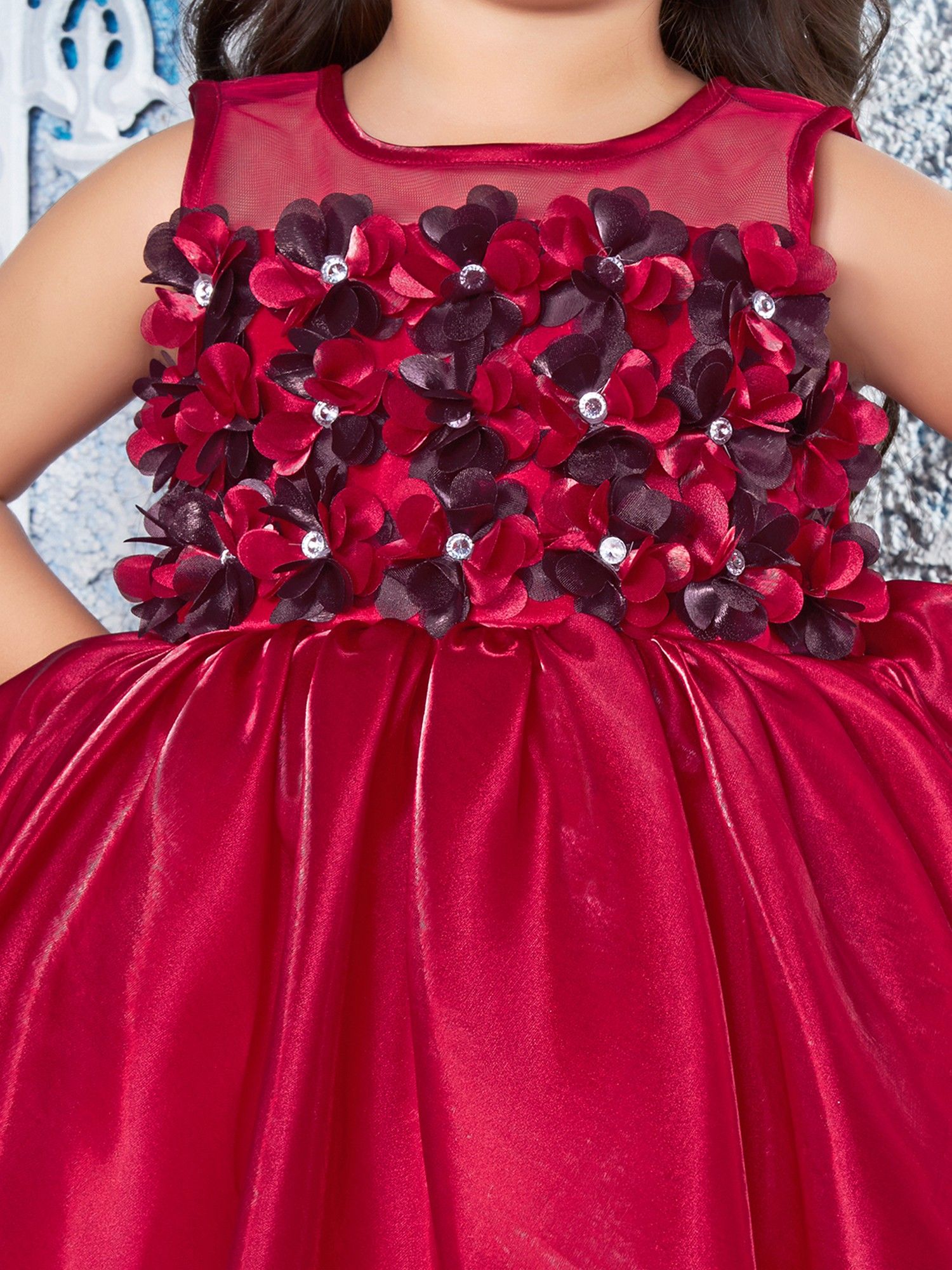 Maroon Satin Wovwn Sleevless 3d Floral Twotone Applique Dress