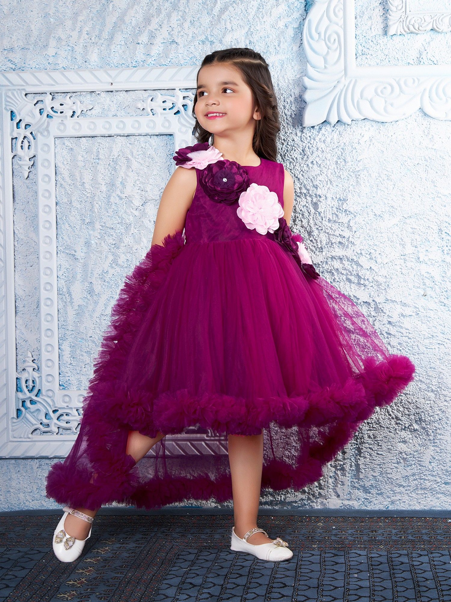 Wine Net Woven Sleevless 3d Floral Applique High low Dress