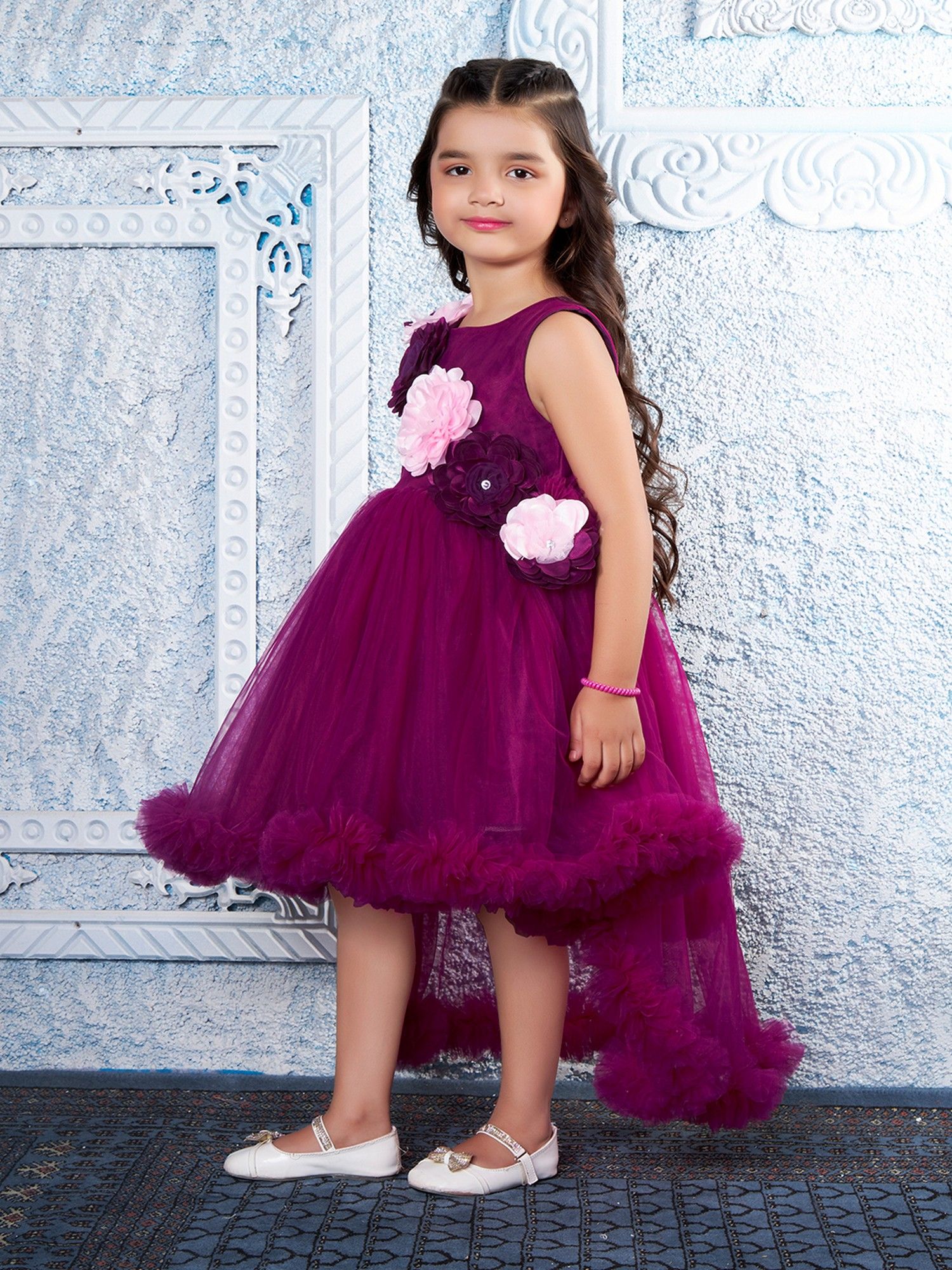 Wine Net Woven Sleevless 3d Floral Applique High low Dress