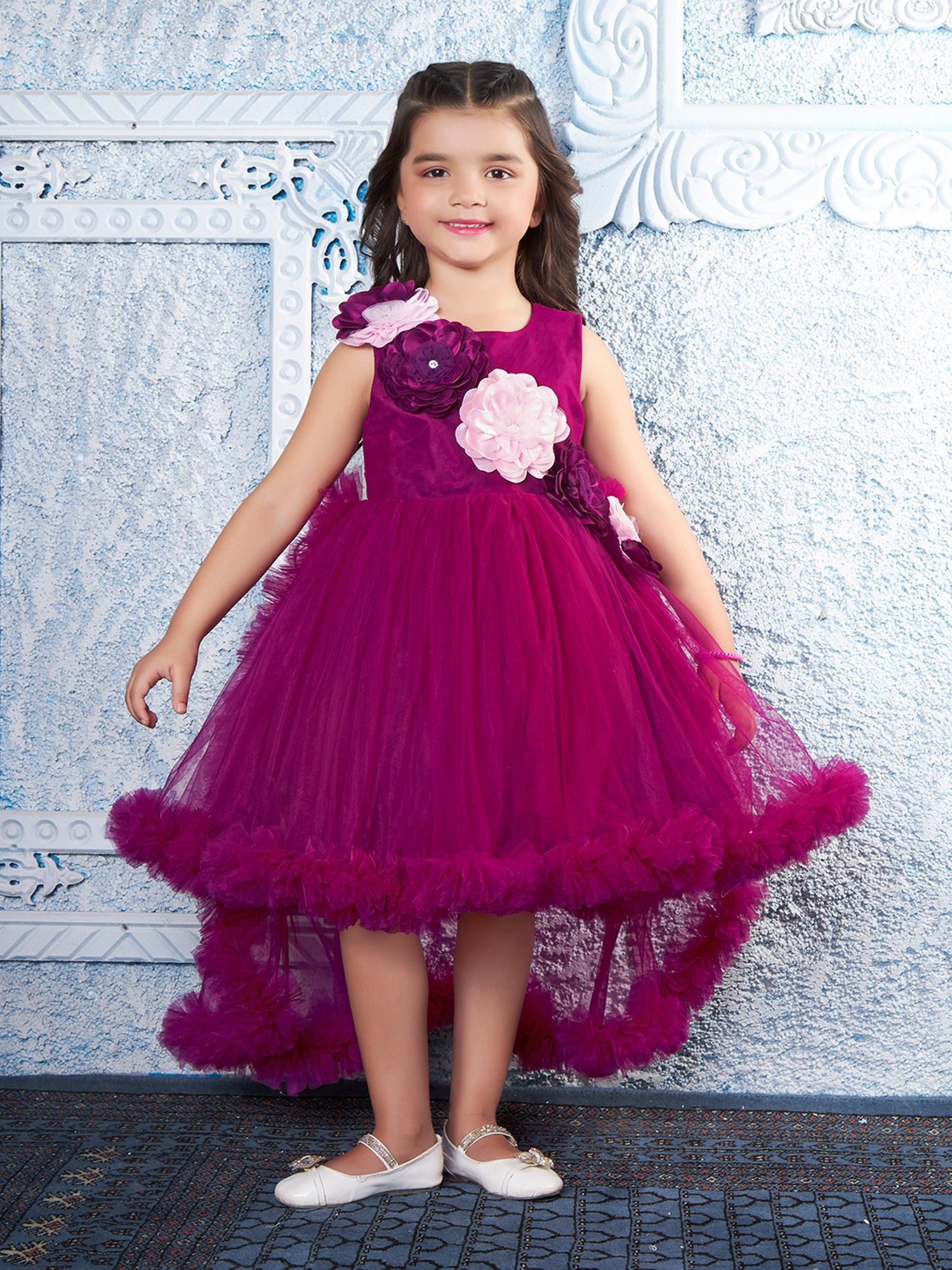 Wine Net Woven Sleevless 3d Floral Applique High low Dress
