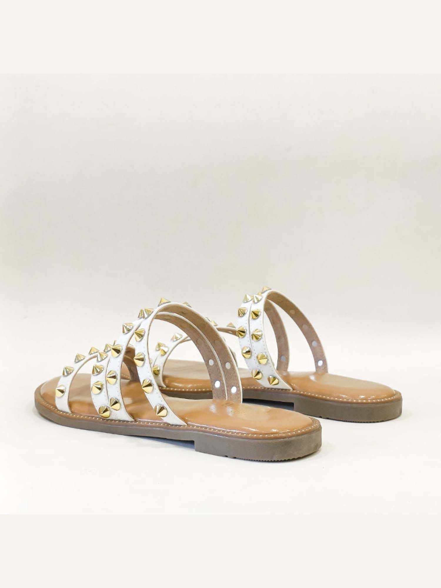 Studded Strappy White Open Toe Flats