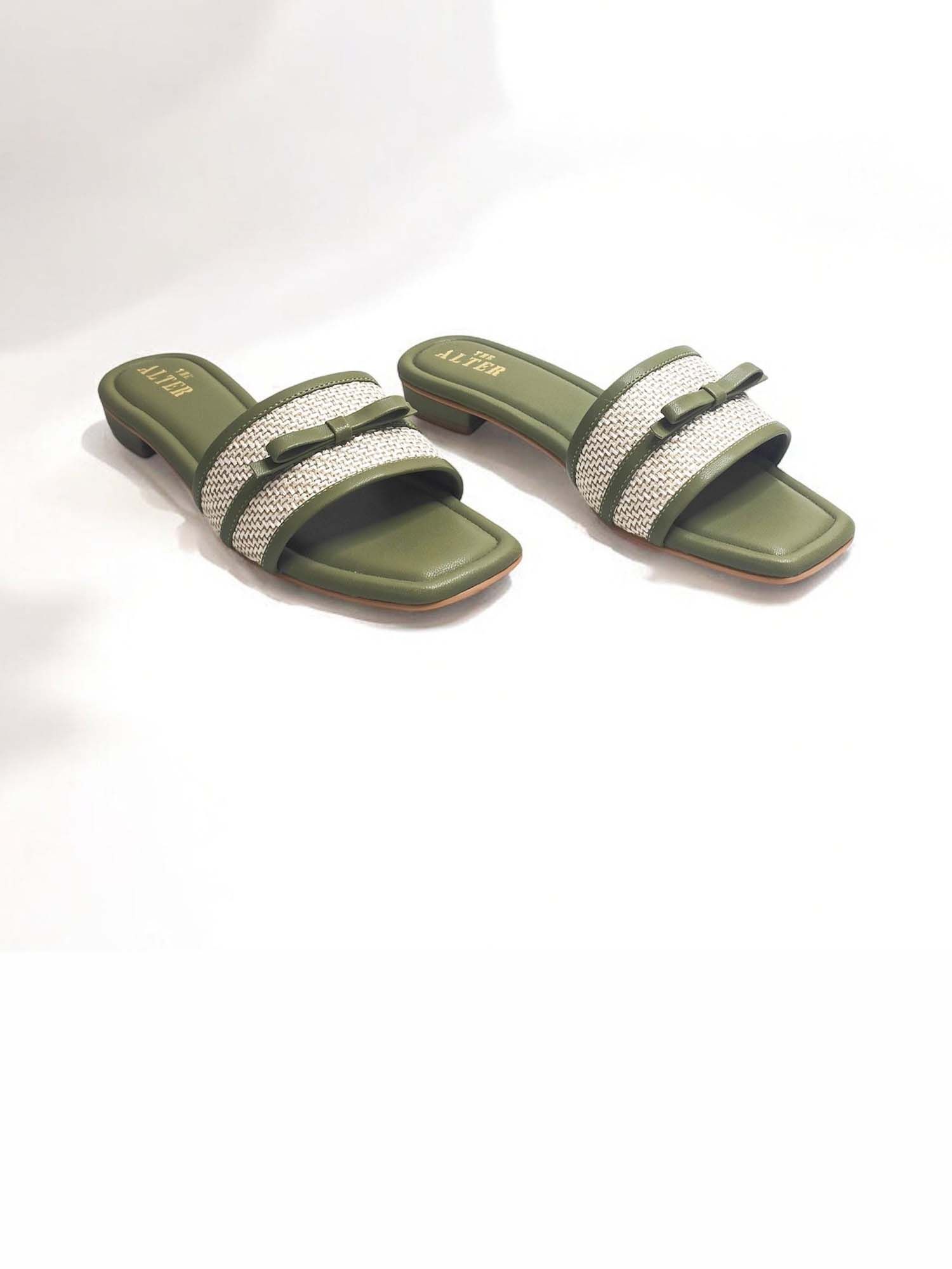 Jute Bow Green Open Toe Flats