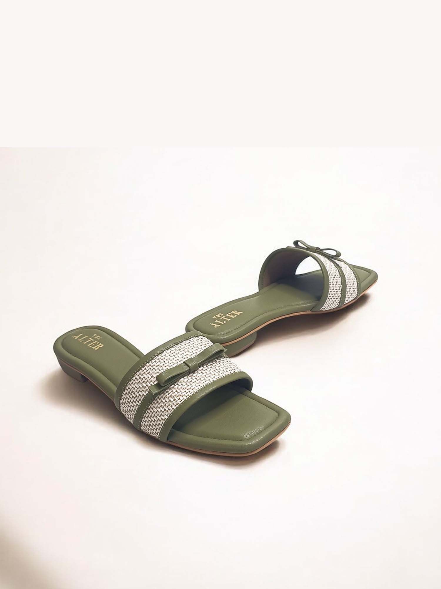 Jute Bow Green Open Toe Flats