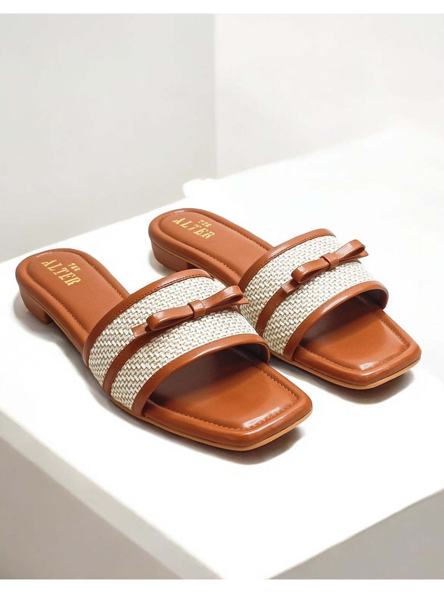 Jute Bow Tan Open Toe Flats