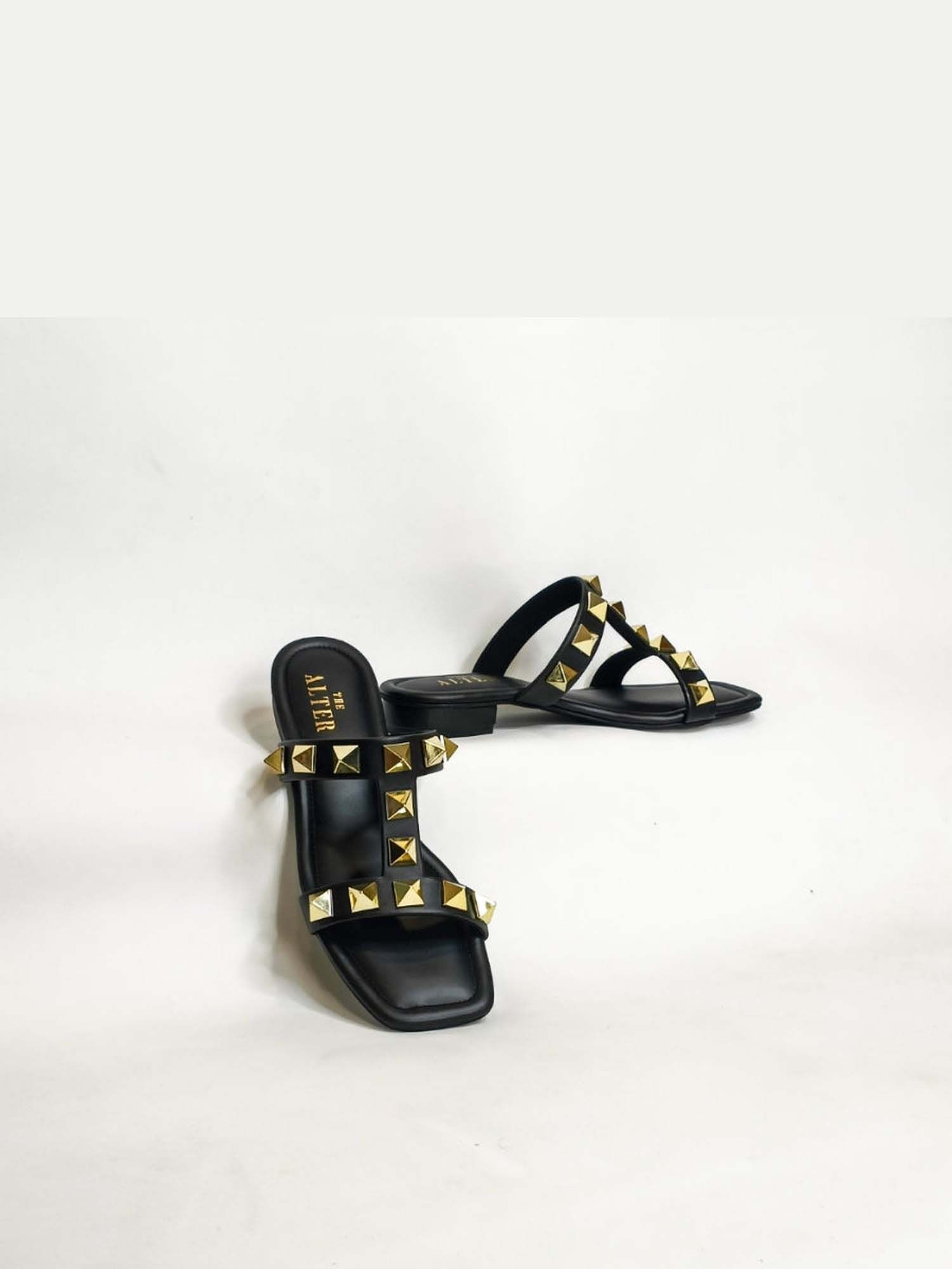 Asher Studded Black Open Toe Flats