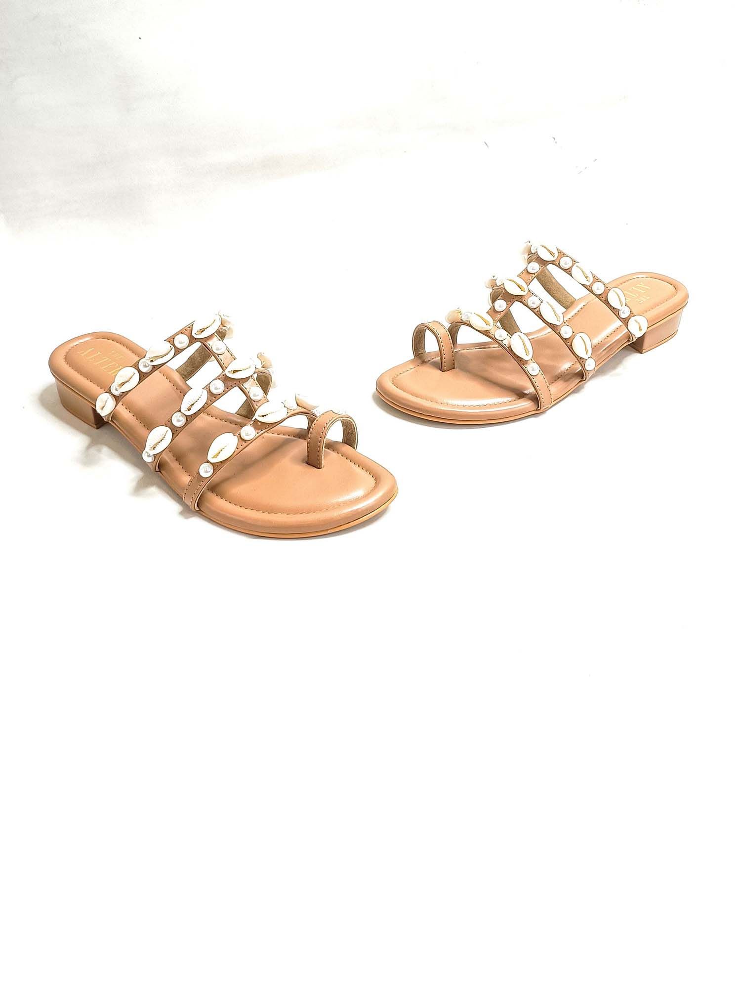 Shell Nude Embellished Open Toe Flats