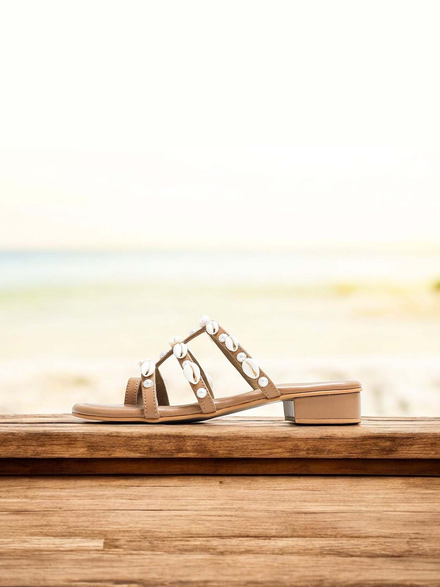 Shell Nude Embellished Open Toe Flats