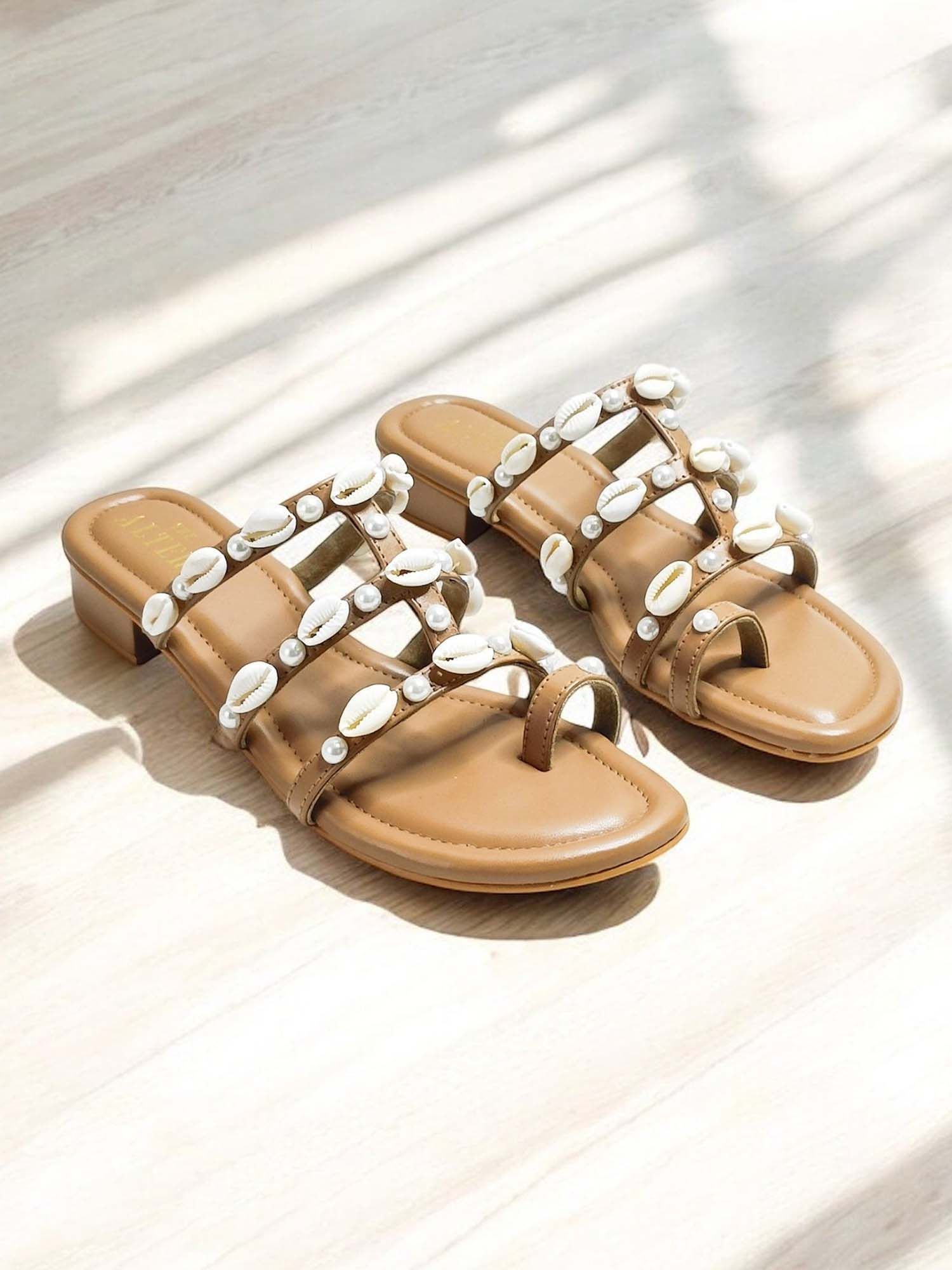 Shell Nude Embellished Open Toe Flats