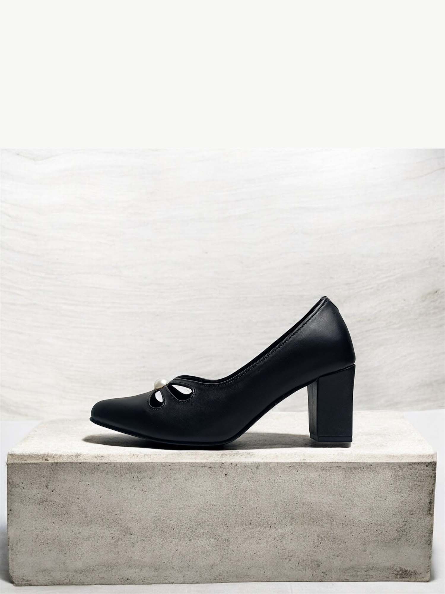 Cutwork Pearl Block Heel Pumps