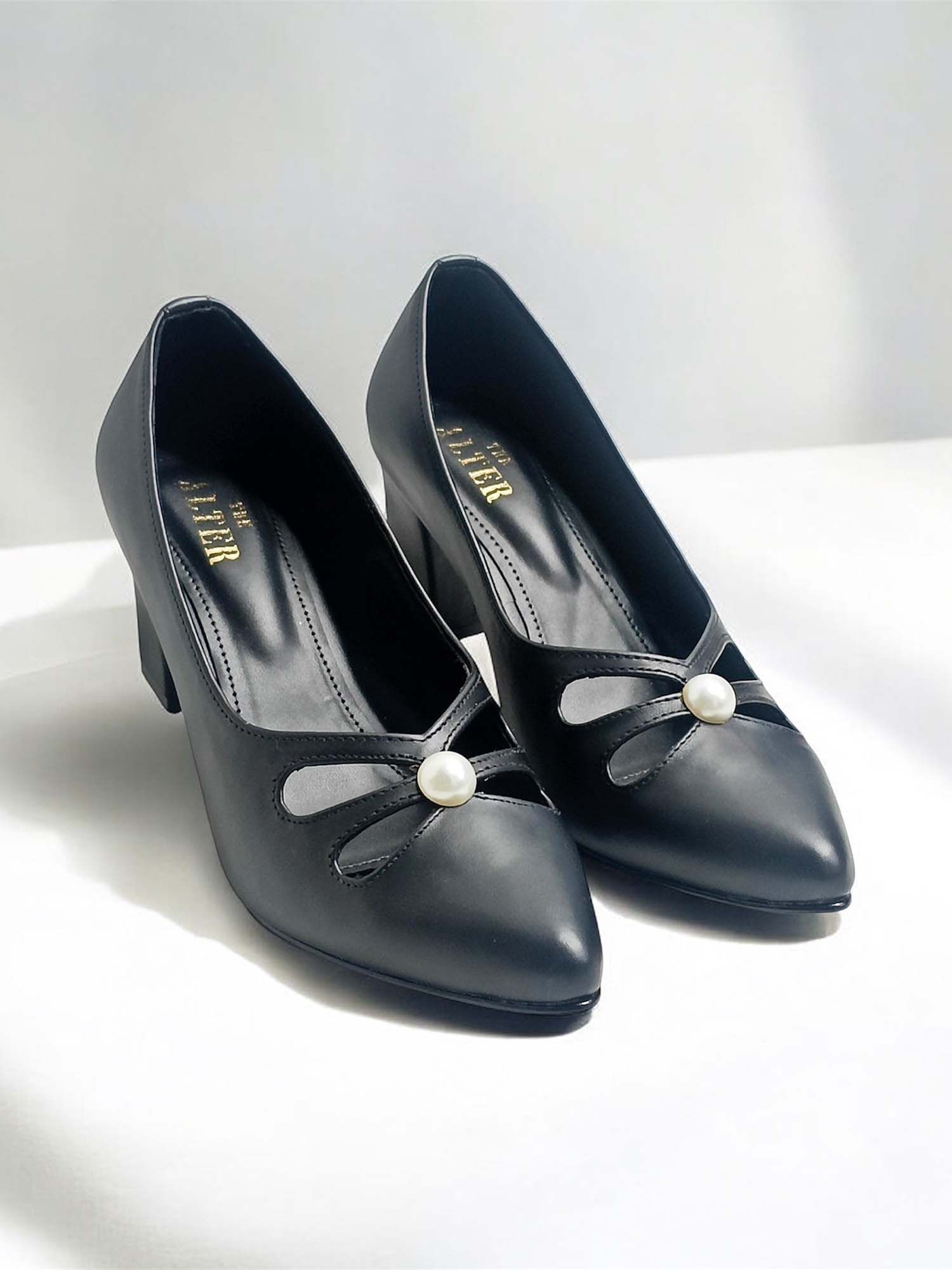 Cutwork Pearl Block Heel Pumps