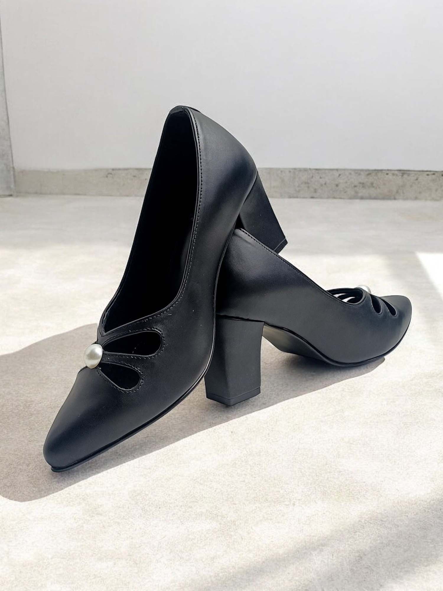 Cutwork Pearl Block Heel Pumps