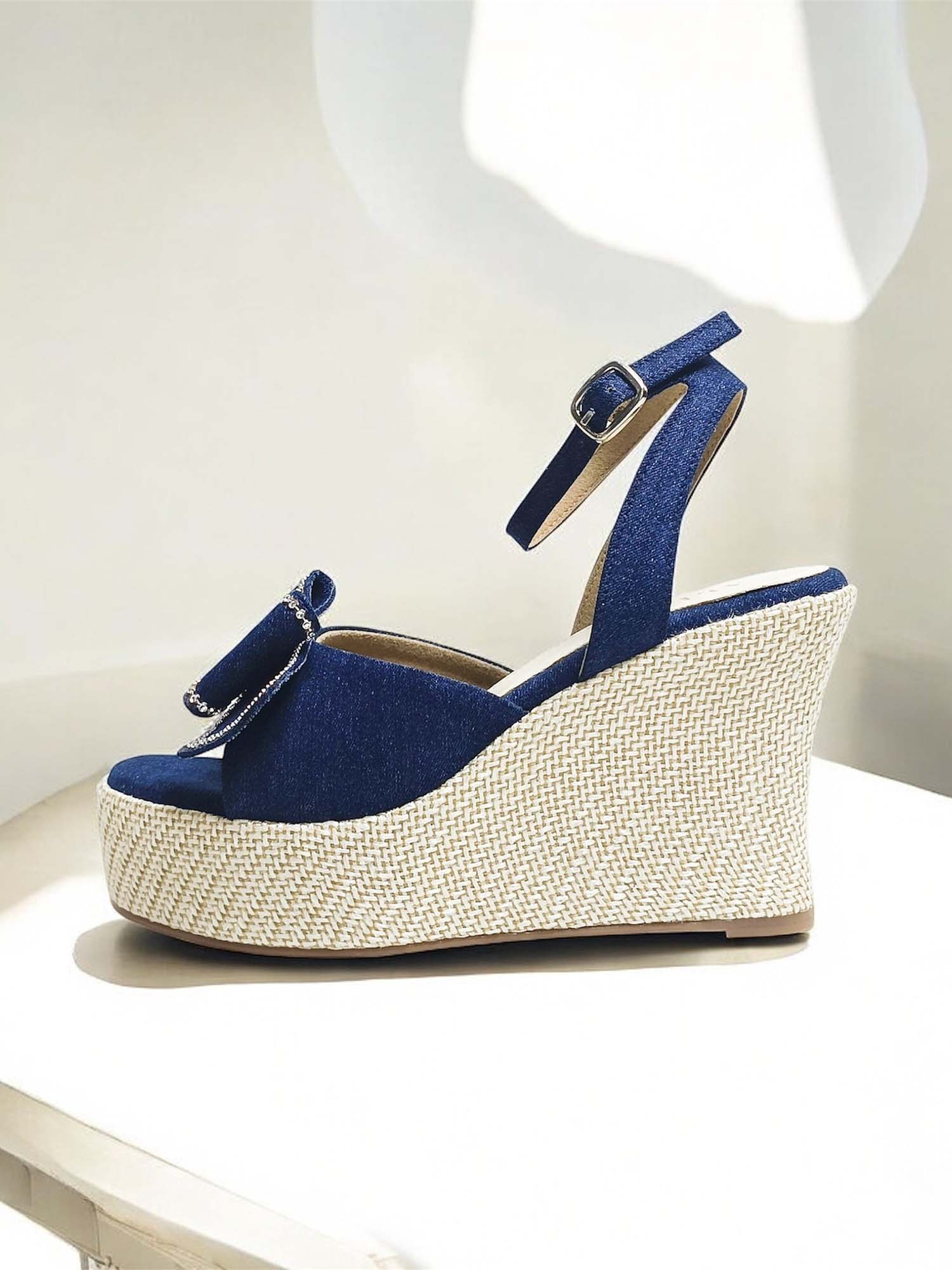 Denim Blue Bow Wedge Heels